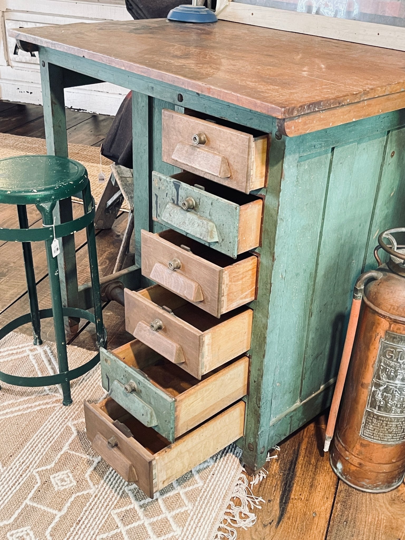 Antique Adjustable Drafting Table with Locking Drawers & Storage Cabinet – Green Patina Finish – Furniture by The Olde 1840