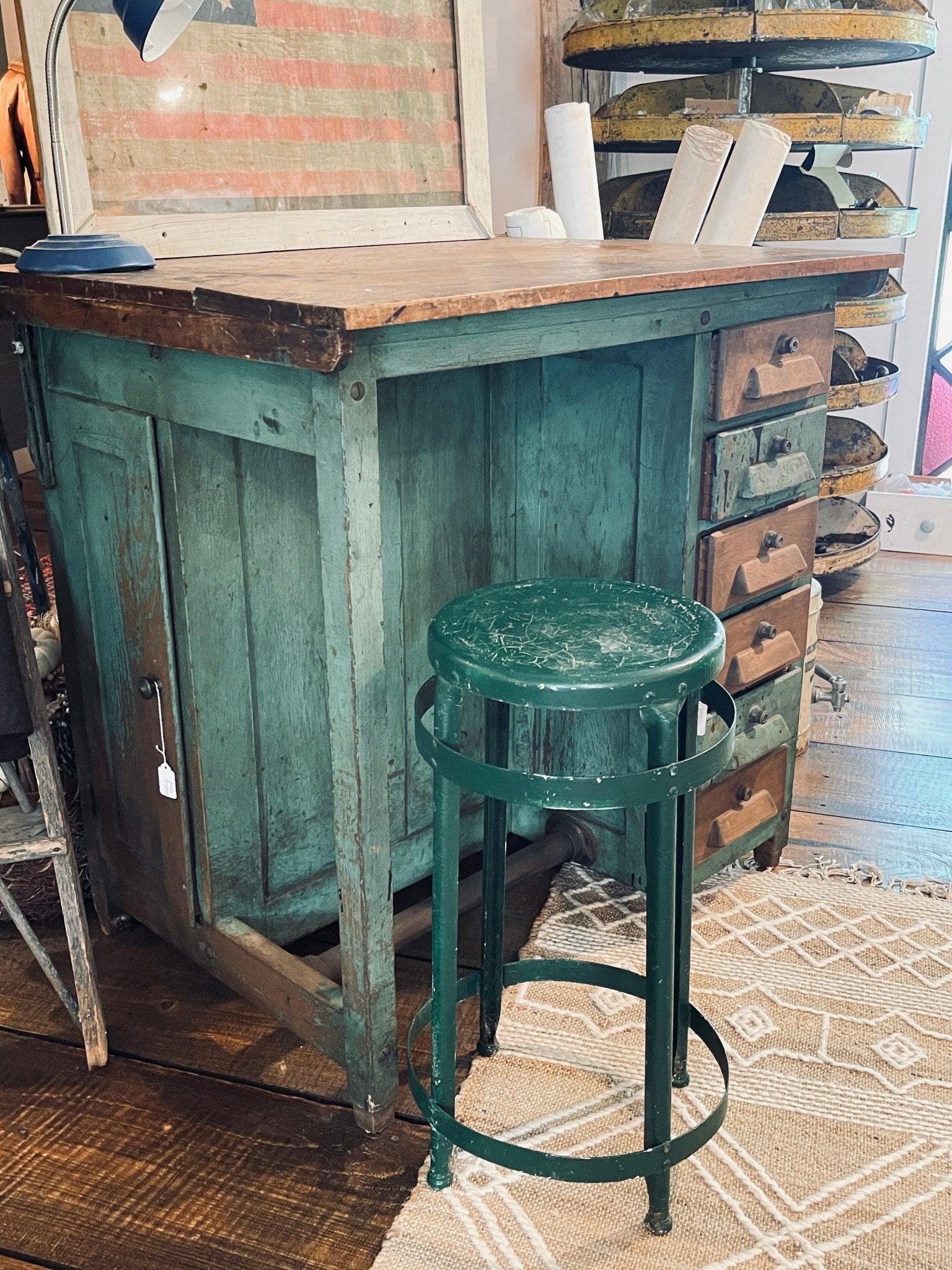 Antique Adjustable Drafting Table with Locking Drawers & Storage Cabinet – Green Patina Finish – Furniture by The Olde 1840