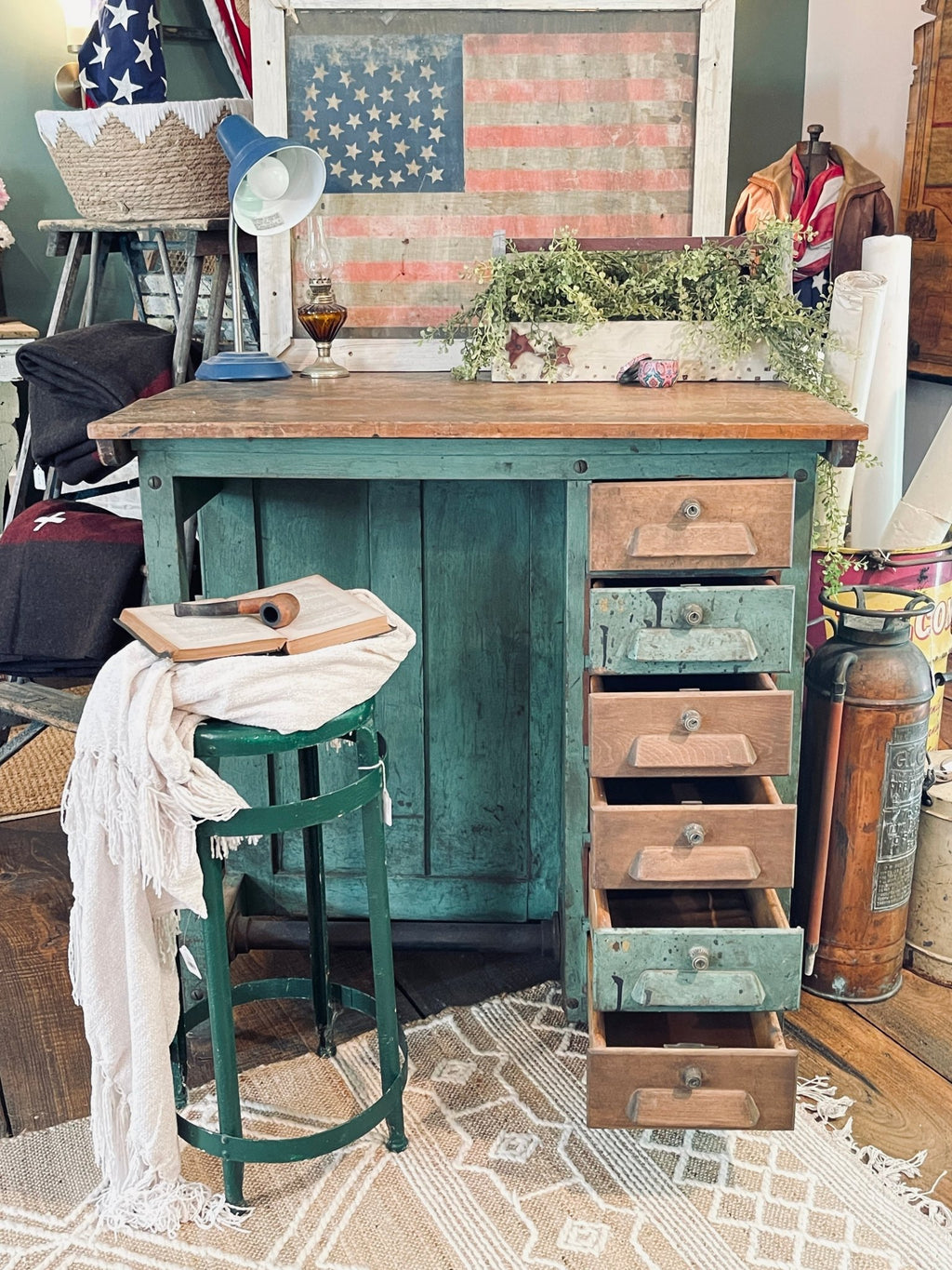 Antique Adjustable Drafting Table with Locking Drawers & Storage Cabinet – Green Patina Finish – Furniture by The Olde 1840