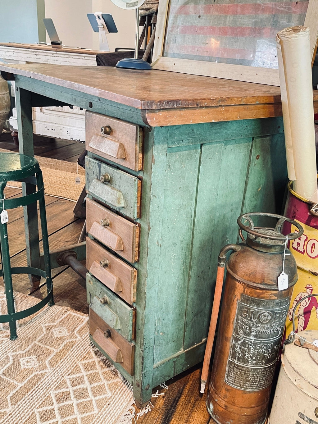 Antique Adjustable Drafting Table with Locking Drawers & Storage Cabinet – Green Patina Finish – Furniture by The Olde 1840