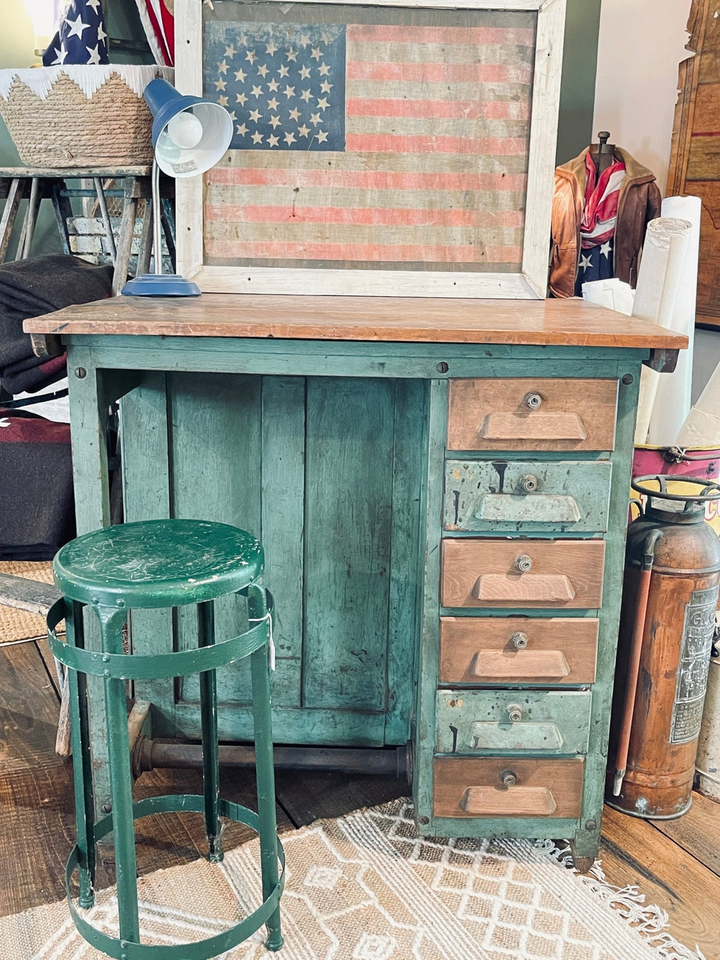 Antique Adjustable Drafting Table with Locking Drawers & Storage Cabinet – Green Patina Finish – Furniture by The Olde 1840