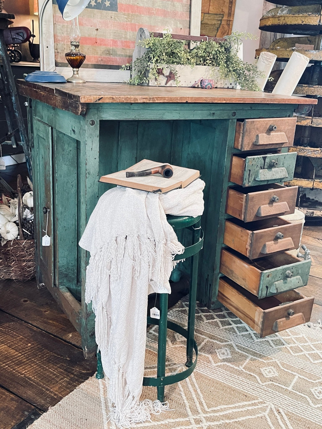 Antique Adjustable Drafting Table with Locking Drawers & Storage Cabinet – Green Patina Finish – Furniture by The Olde 1840