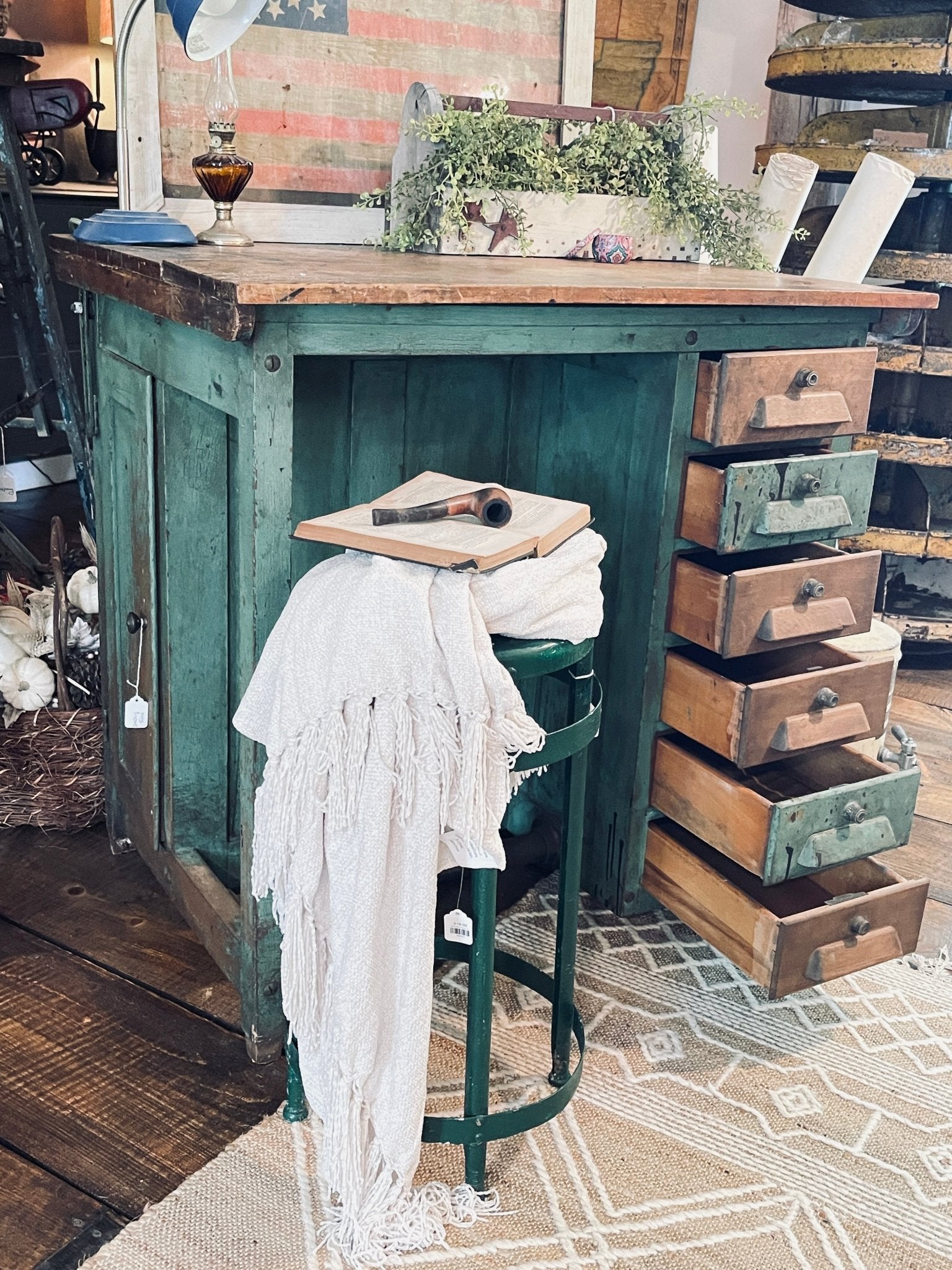 Antique Adjustable Drafting Table with Locking Drawers & Storage Cabinet – Green Patina Finish – Furniture by The Olde 1840