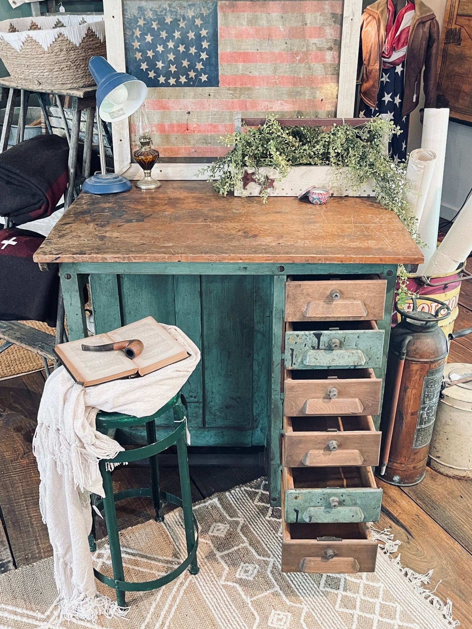 Antique Adjustable Drafting Table with Locking Drawers & Storage Cabinet – Green Patina Finish – Furniture by The Olde 1840