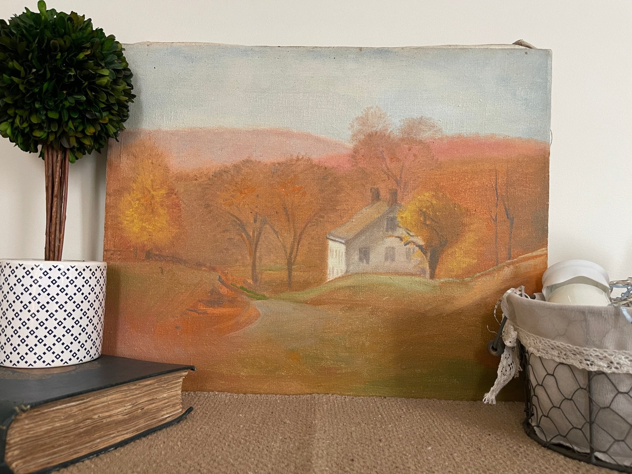 Antique American Autumn Landscape Oil Painting on Canvas – Rustic Country Cottage, 20 x 16 Vintage Wall Art – Wall Décor by The Olde 1840
