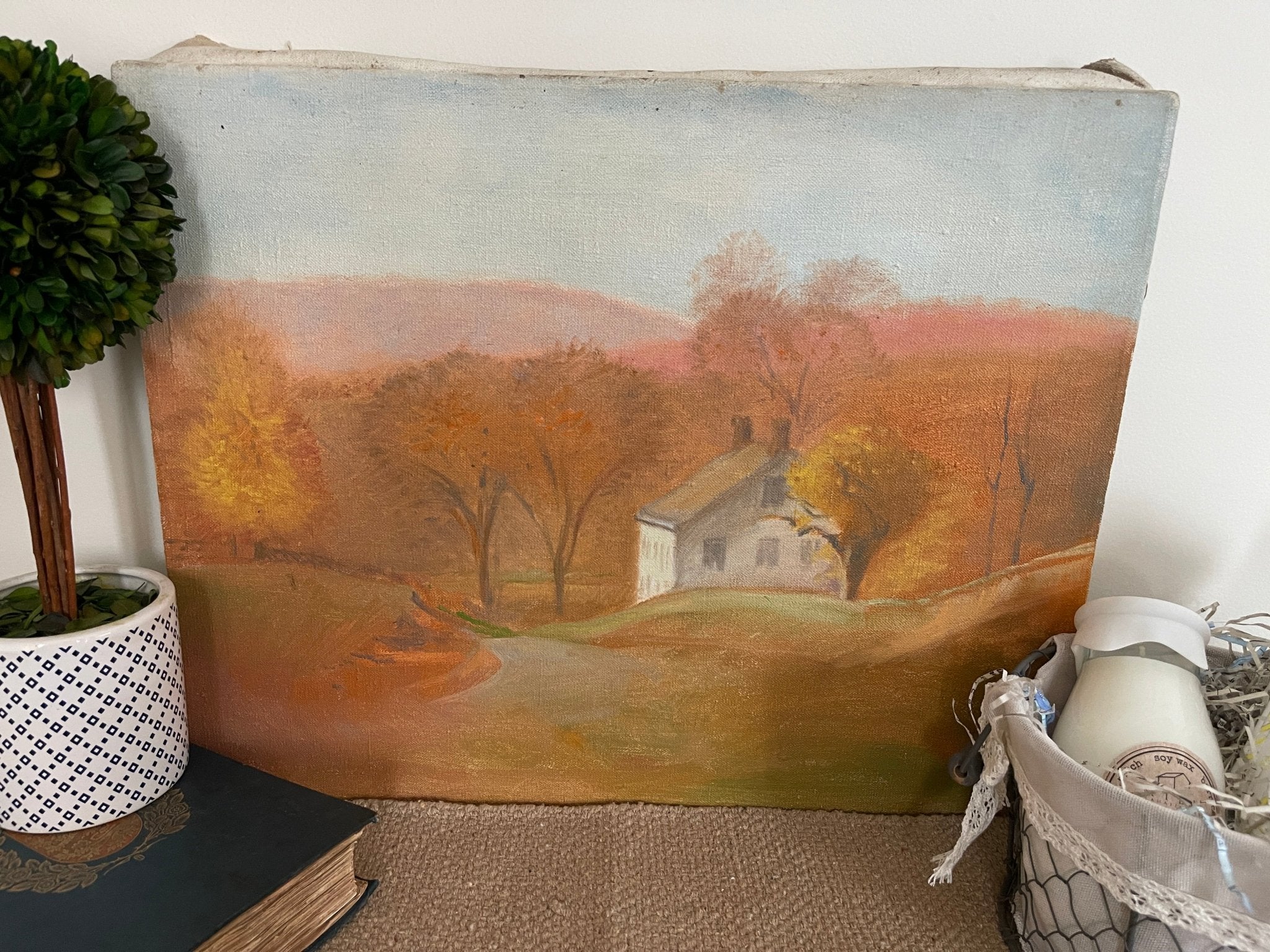 Antique American Autumn Landscape Oil Painting on Canvas – Rustic Country Cottage, 20 x 16 Vintage Wall Art – Wall Décor by The Olde 1840