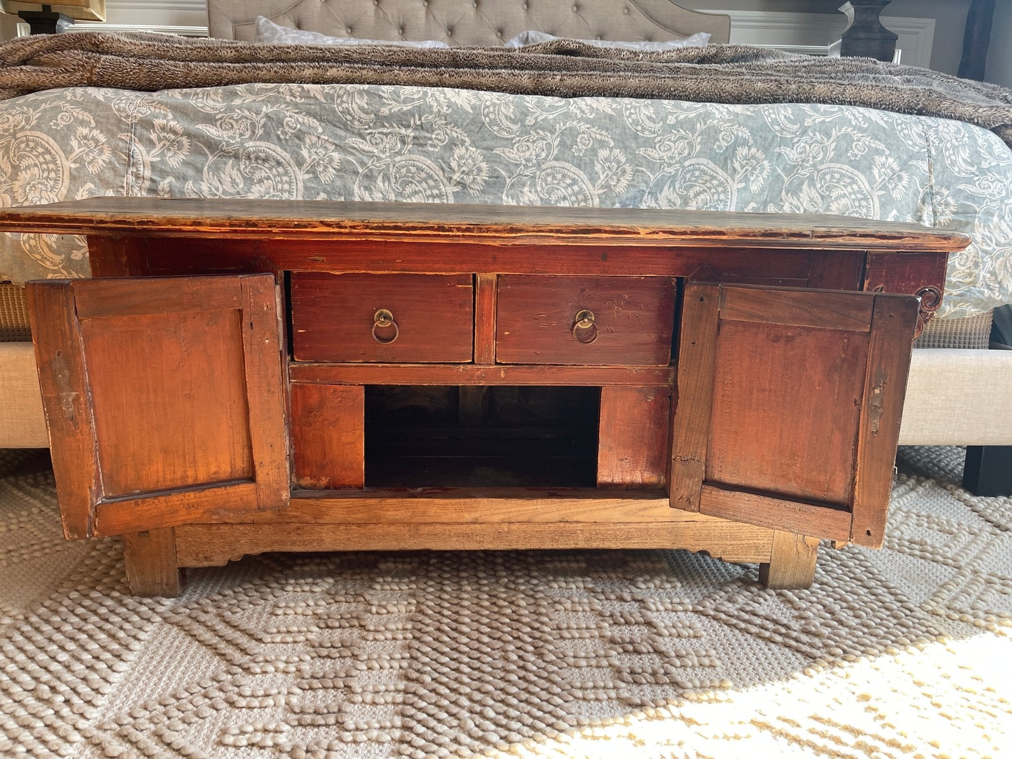 Antique Chinese Distressed Red Lacquer Elmwood Kang Cabinet – Furniture by The Olde 1840