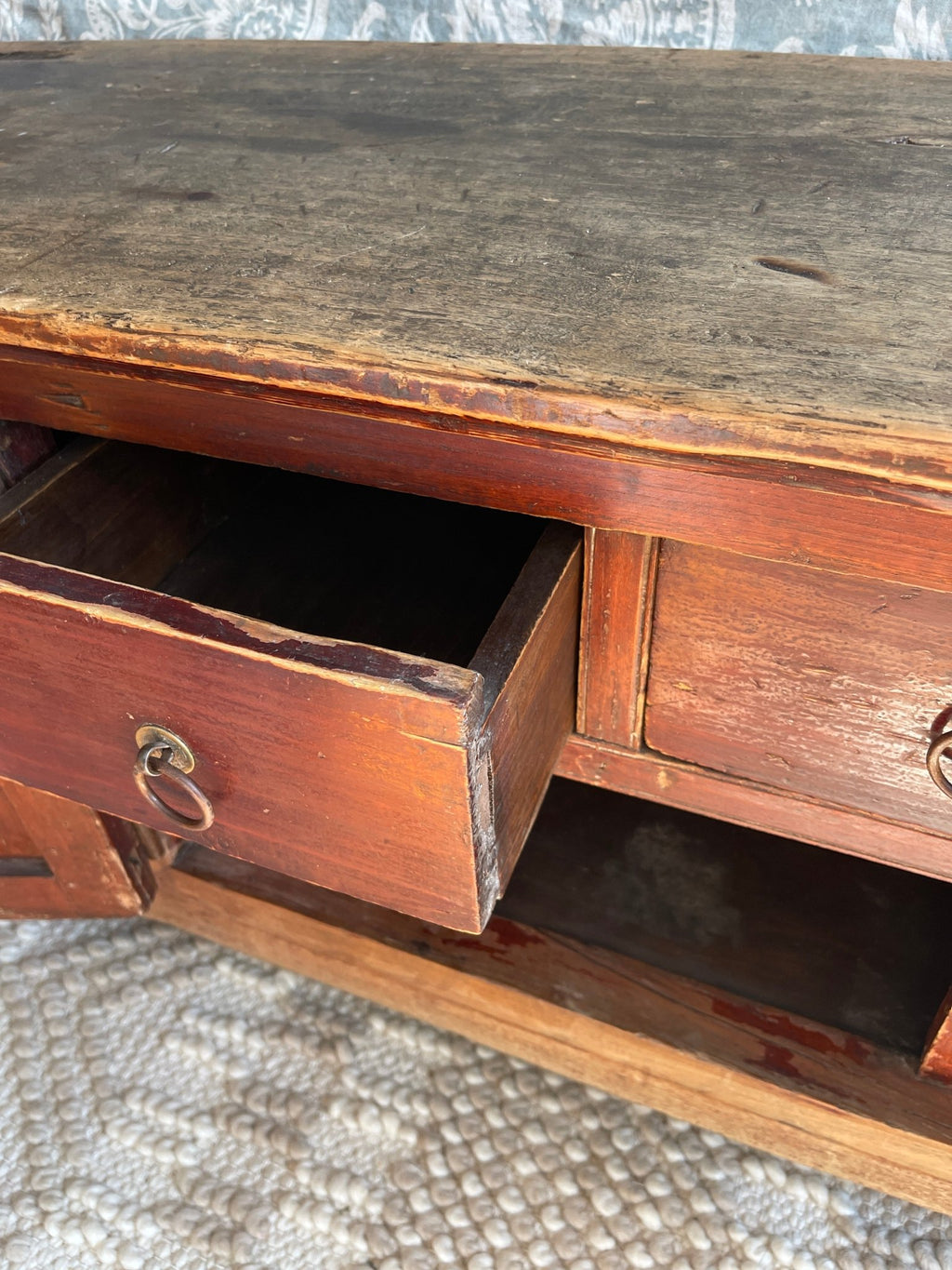 Antique Chinese Distressed Red Lacquer Elmwood Kang Cabinet – Furniture by The Olde 1840