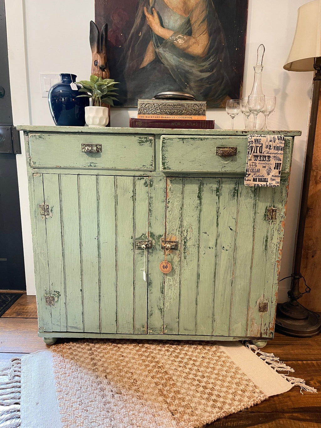 Antique Green Farmhouse Cupboard | Distressed Patina Wood Sideboard Cabinet – Furniture by The Olde 1840