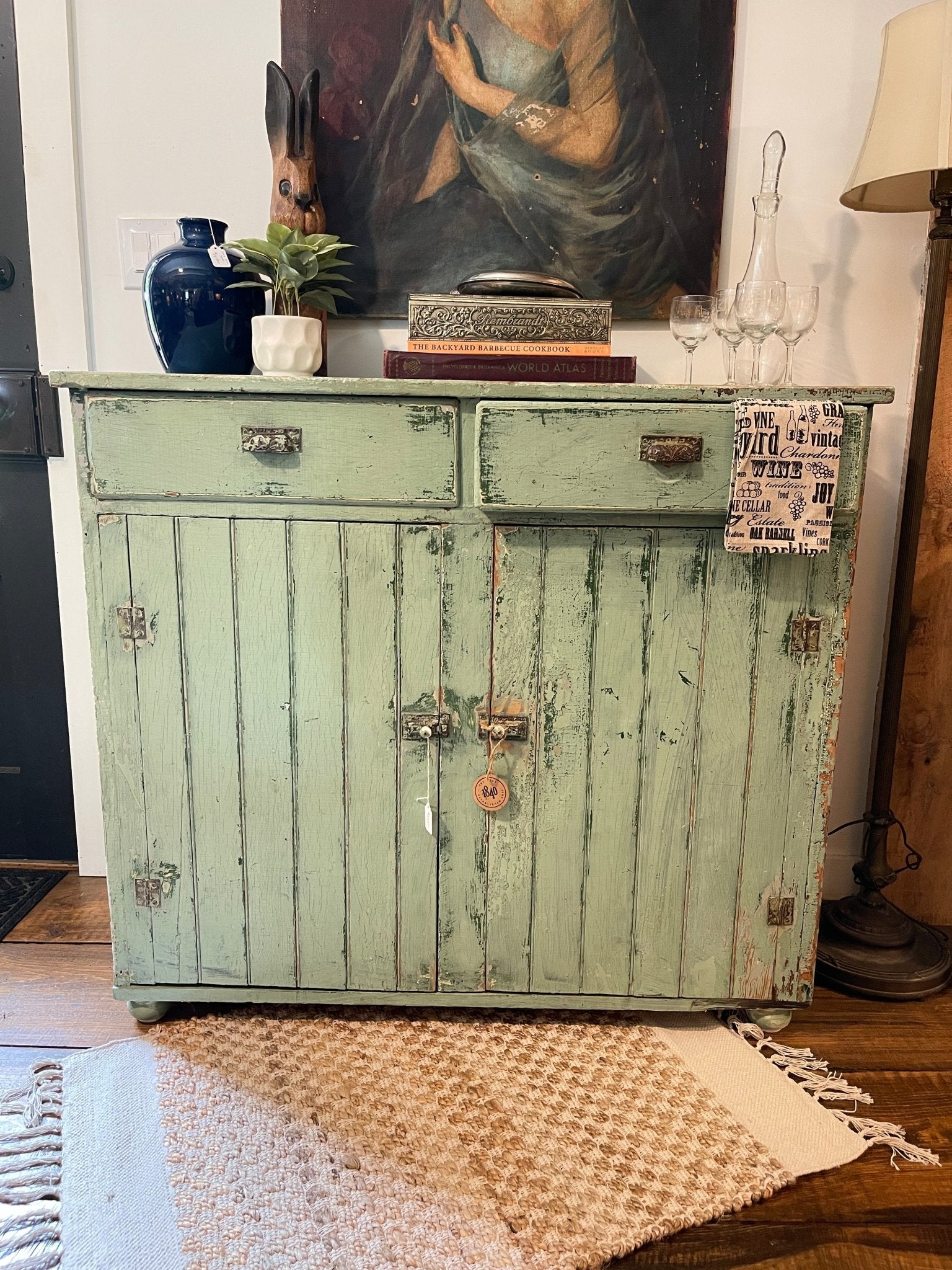 Antique Green Farmhouse Cupboard | Distressed Patina Wood Sideboard Cabinet – Furniture by The Olde 1840