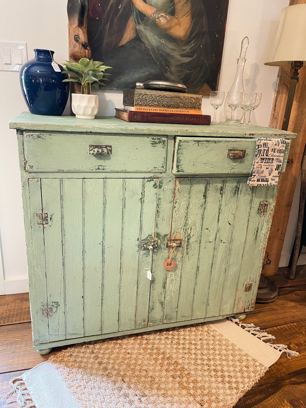 Antique Green Farmhouse Cupboard | Distressed Patina Wood Sideboard Cabinet – Furniture by The Olde 1840