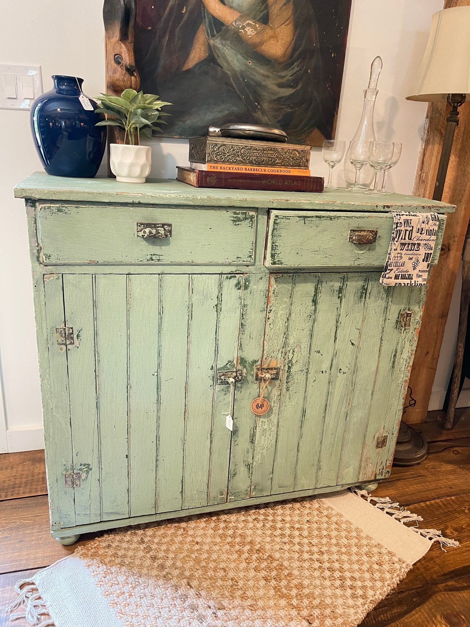 Antique Green Farmhouse Cupboard | Distressed Patina Wood Sideboard Cabinet – Furniture by The Olde 1840