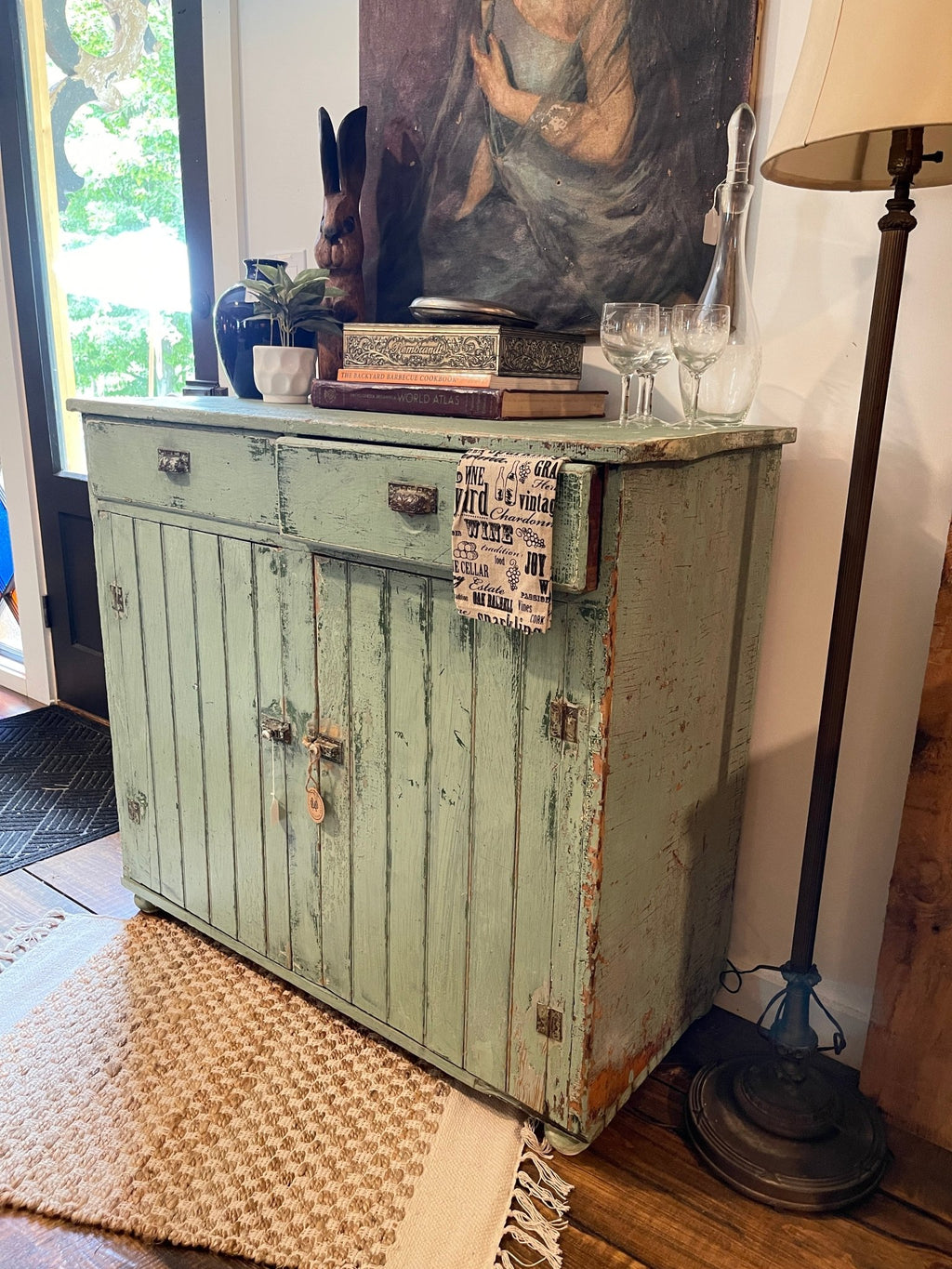 Antique Green Farmhouse Cupboard | Distressed Patina Wood Sideboard Cabinet – Furniture by The Olde 1840