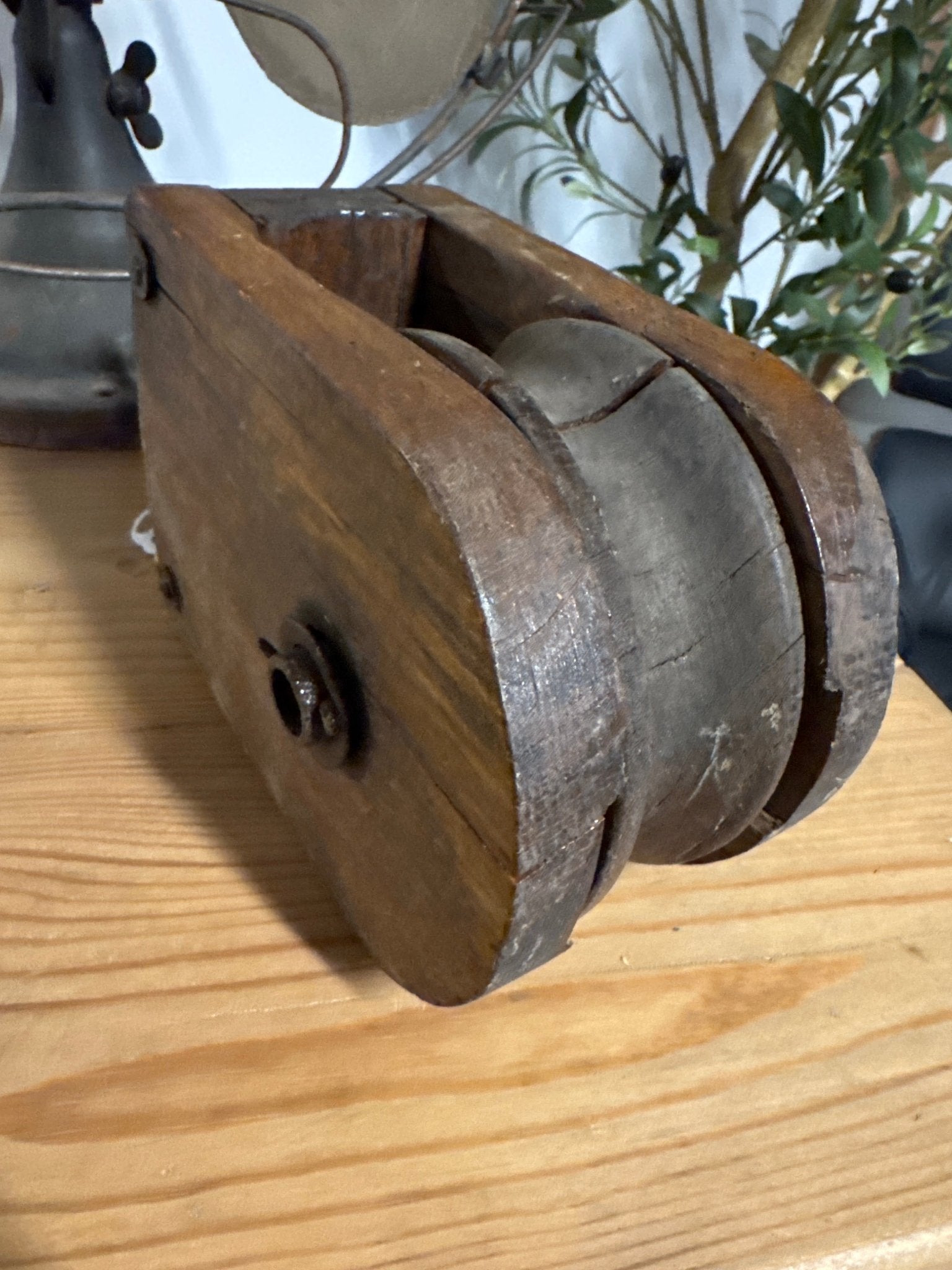 Antique Industrial Barn Pulley – 1/2 Marked Cast Iron Frame with Solid Wood Sheave – Home & Garden by The Olde 1840