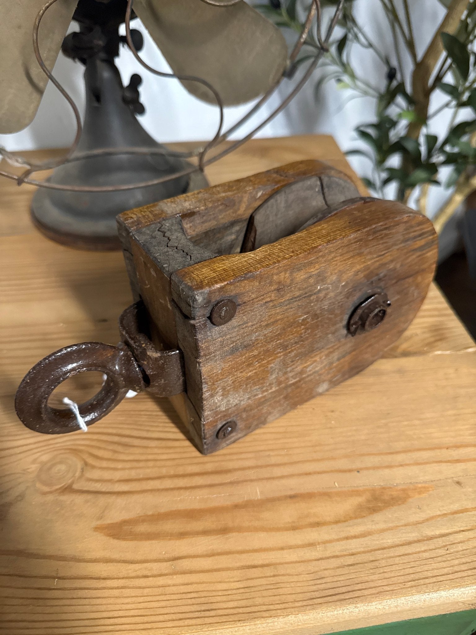 Antique Industrial Barn Pulley – 1/2 Marked Cast Iron Frame with Solid Wood Sheave – Home & Garden by The Olde 1840