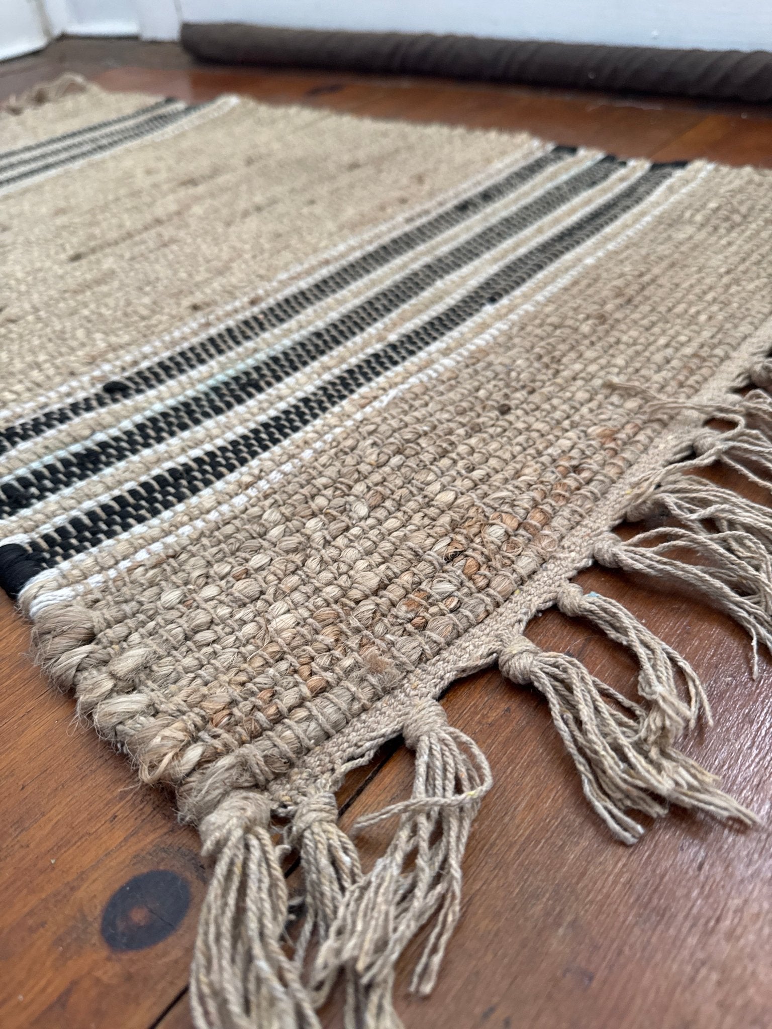 Black & Beige Stripe Woven Fringe Rug - 24” x 36” – Accent Rug by The Olde 1840