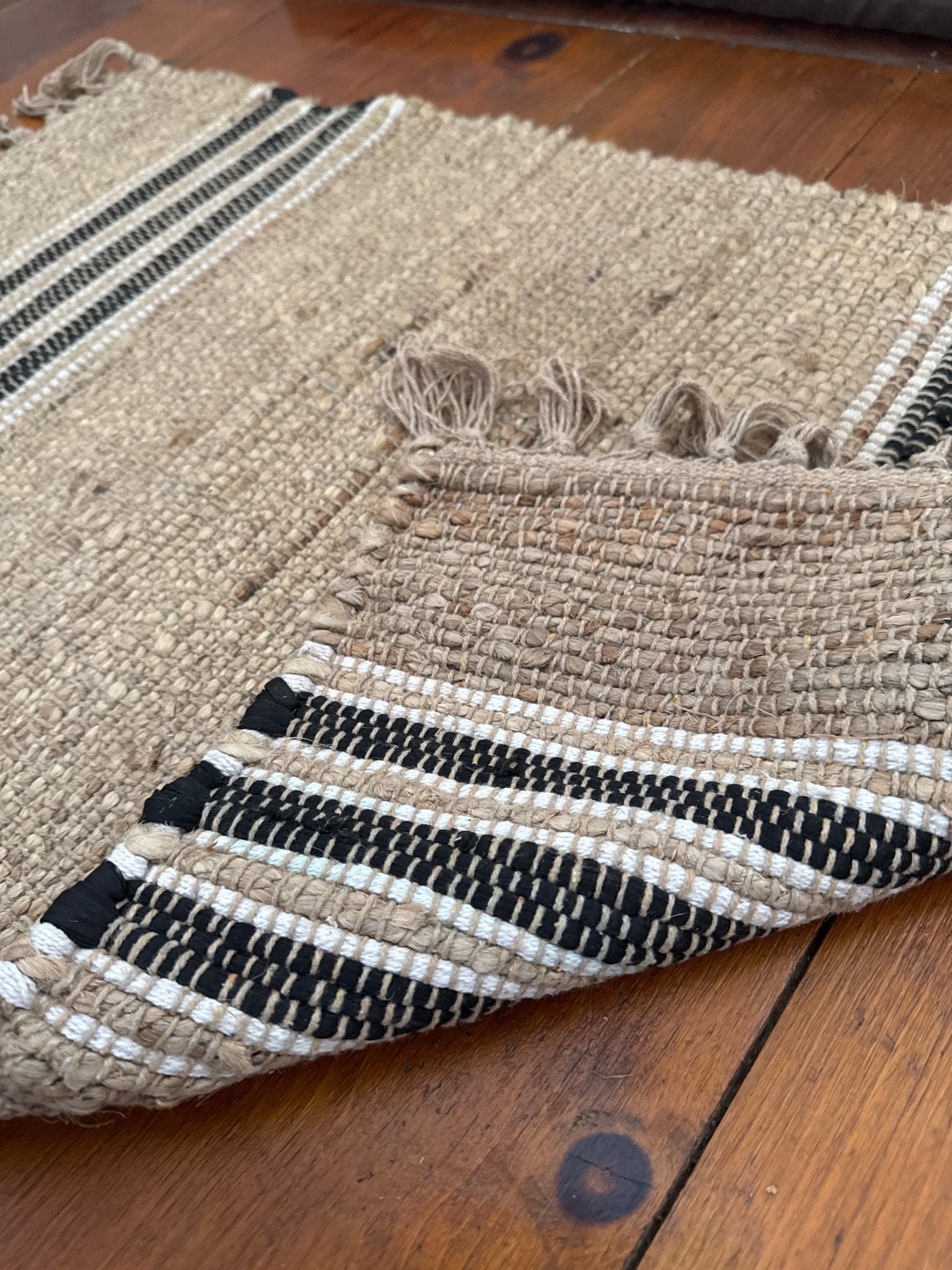 Black & Beige Stripe Woven Fringe Rug - 24” x 36” – Accent Rug by The Olde 1840