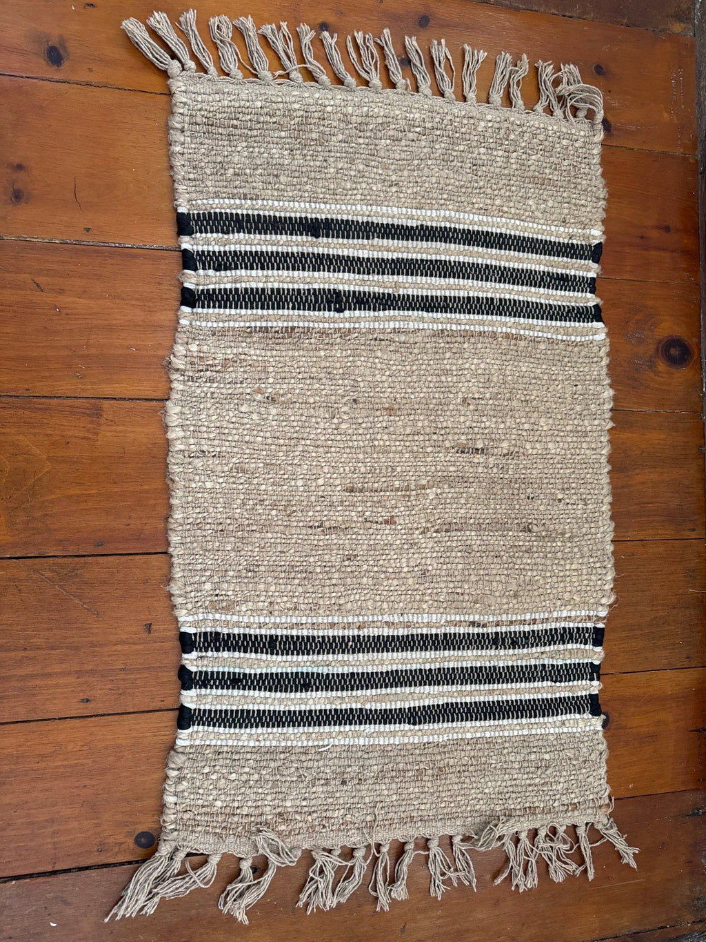 Black & Beige Stripe Woven Fringe Rug - 24” x 36” – Accent Rug by The Olde 1840