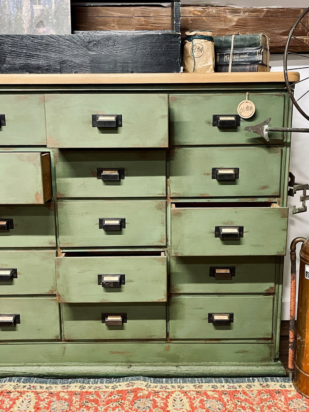 Distressed Solid Wood 16-Drawer Apothecary Chest in Heirloom Thyme – Furniture by The Olde 1840