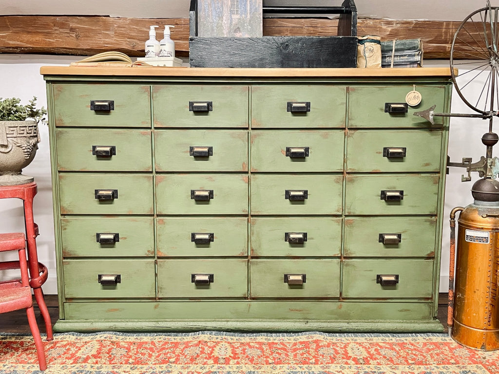Distressed Solid Wood 16-Drawer Apothecary Chest in Heirloom Thyme – Furniture by The Olde 1840