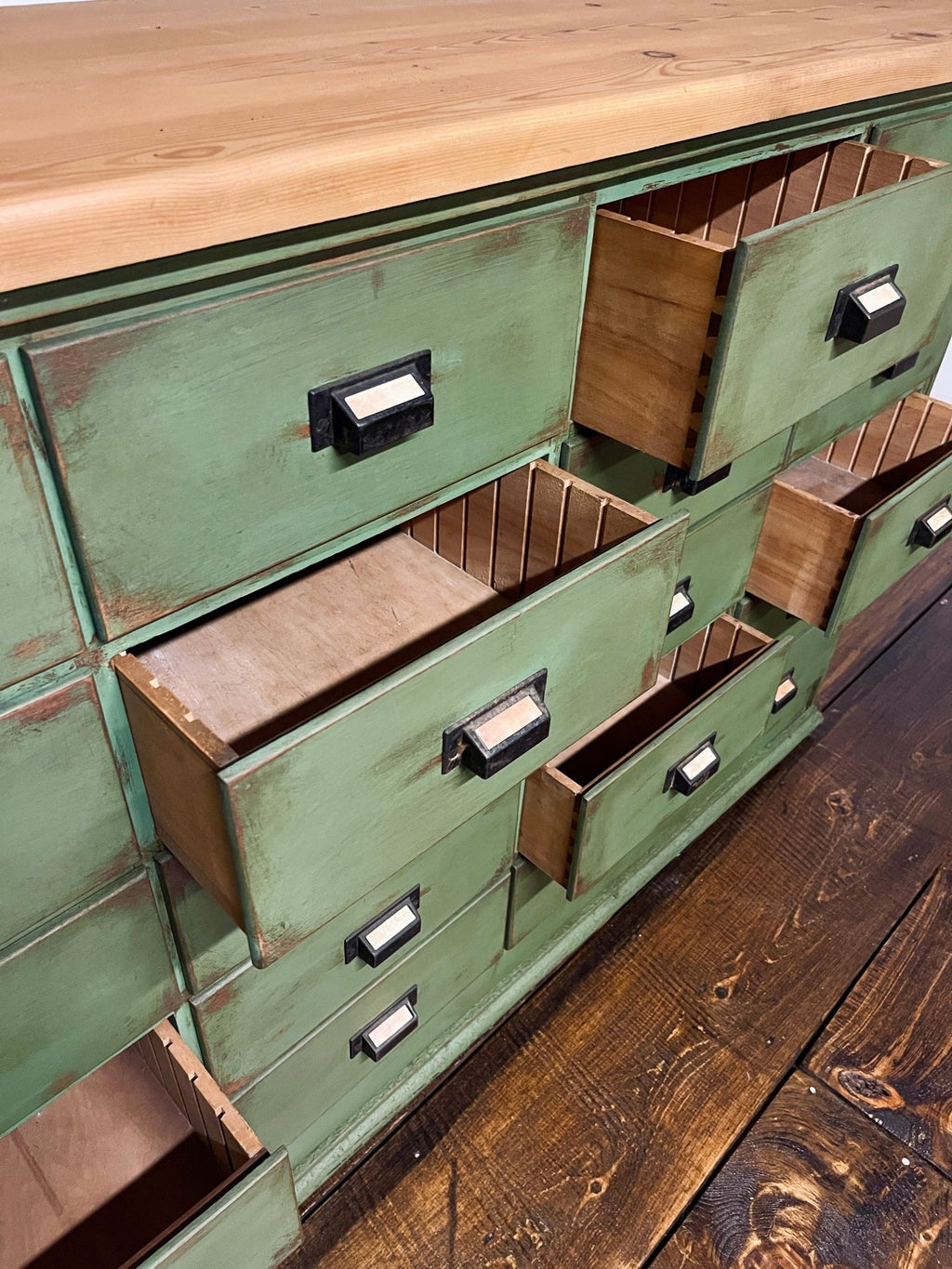 Distressed Solid Wood 16-Drawer Apothecary Chest in Heirloom Thyme – Furniture by The Olde 1840