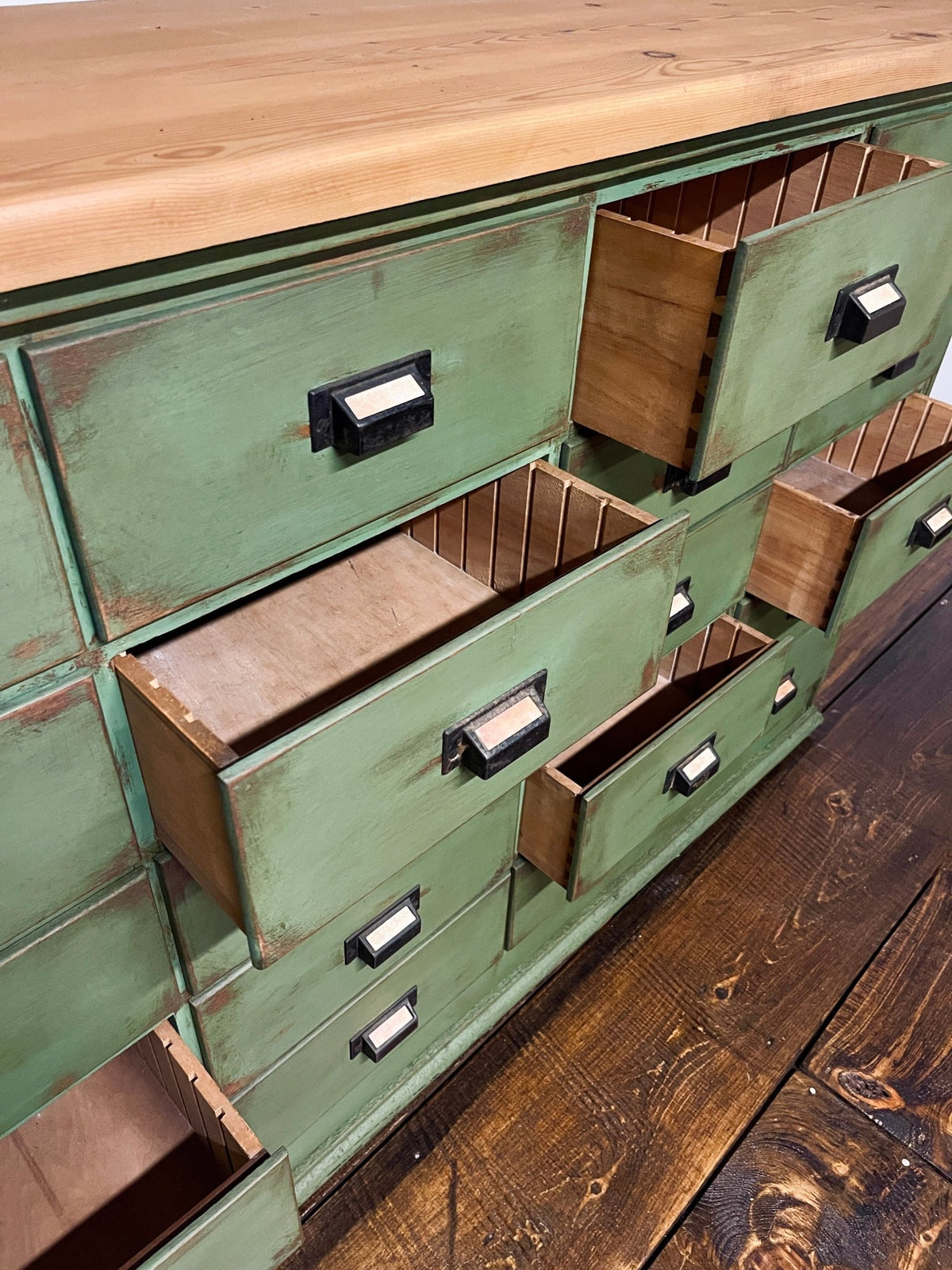Distressed Solid Wood 16-Drawer Apothecary Chest in Heirloom Thyme – Furniture by The Olde 1840