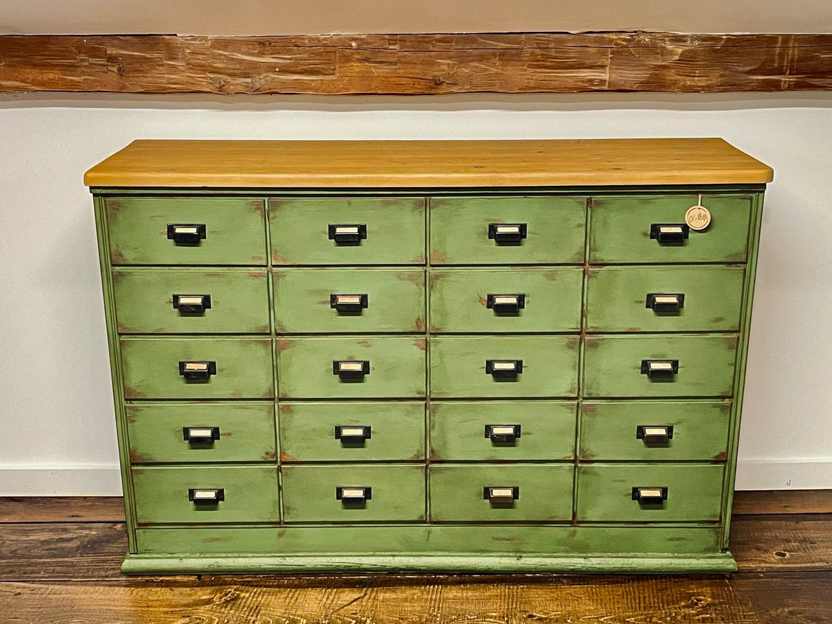 Distressed Solid Wood 16-Drawer Apothecary Chest in Heirloom Thyme – Furniture by The Olde 1840