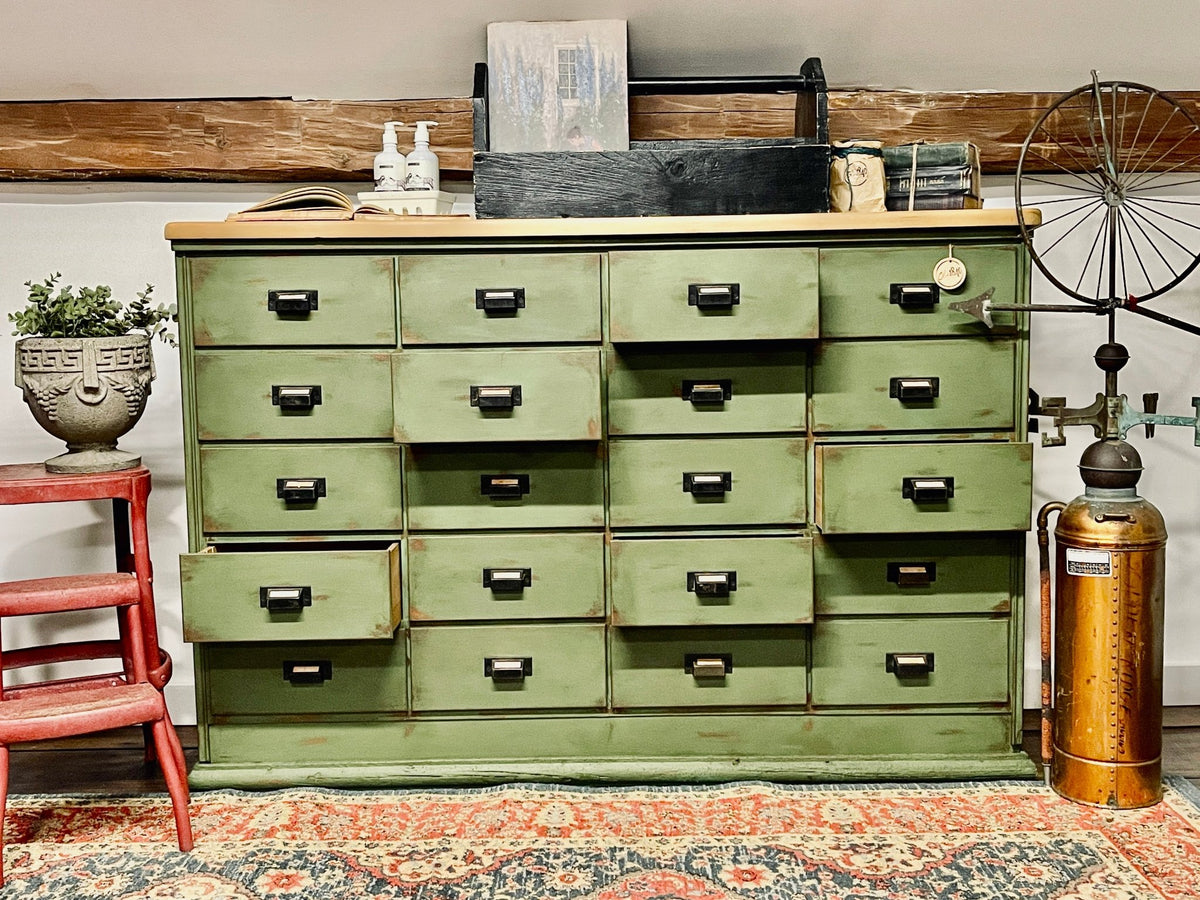 Distressed Solid Wood 16-Drawer Apothecary Chest in Heirloom Thyme – Furniture by The Olde 1840