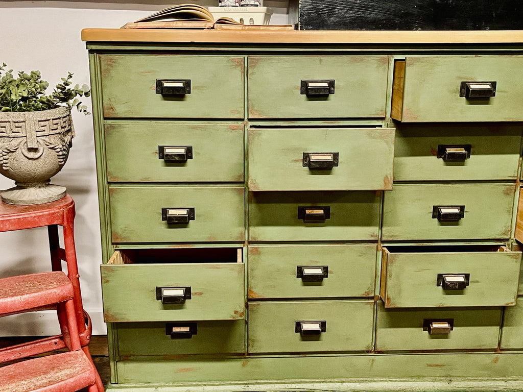 Distressed Solid Wood 16-Drawer Apothecary Chest in Heirloom Thyme – Furniture by The Olde 1840