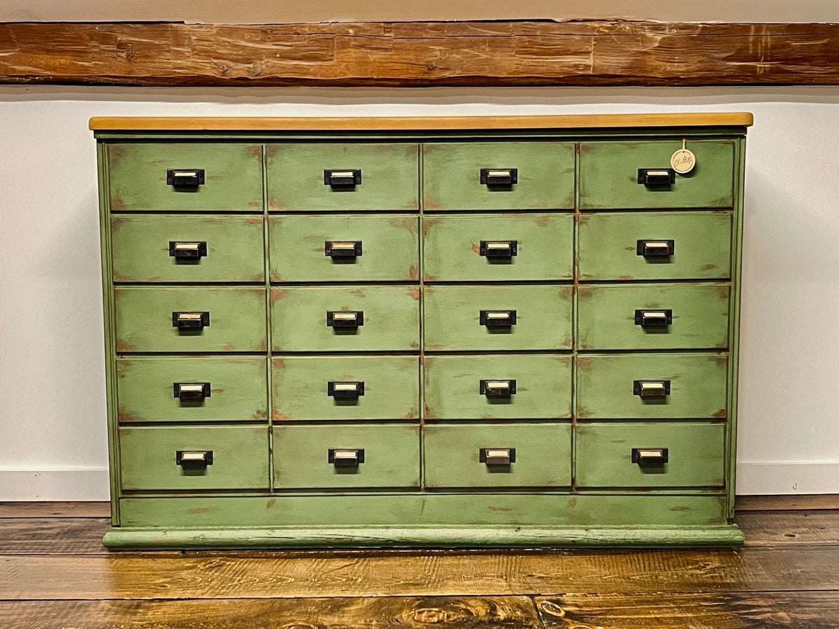 Distressed Solid Wood 16-Drawer Apothecary Chest in Heirloom Thyme – Furniture by The Olde 1840