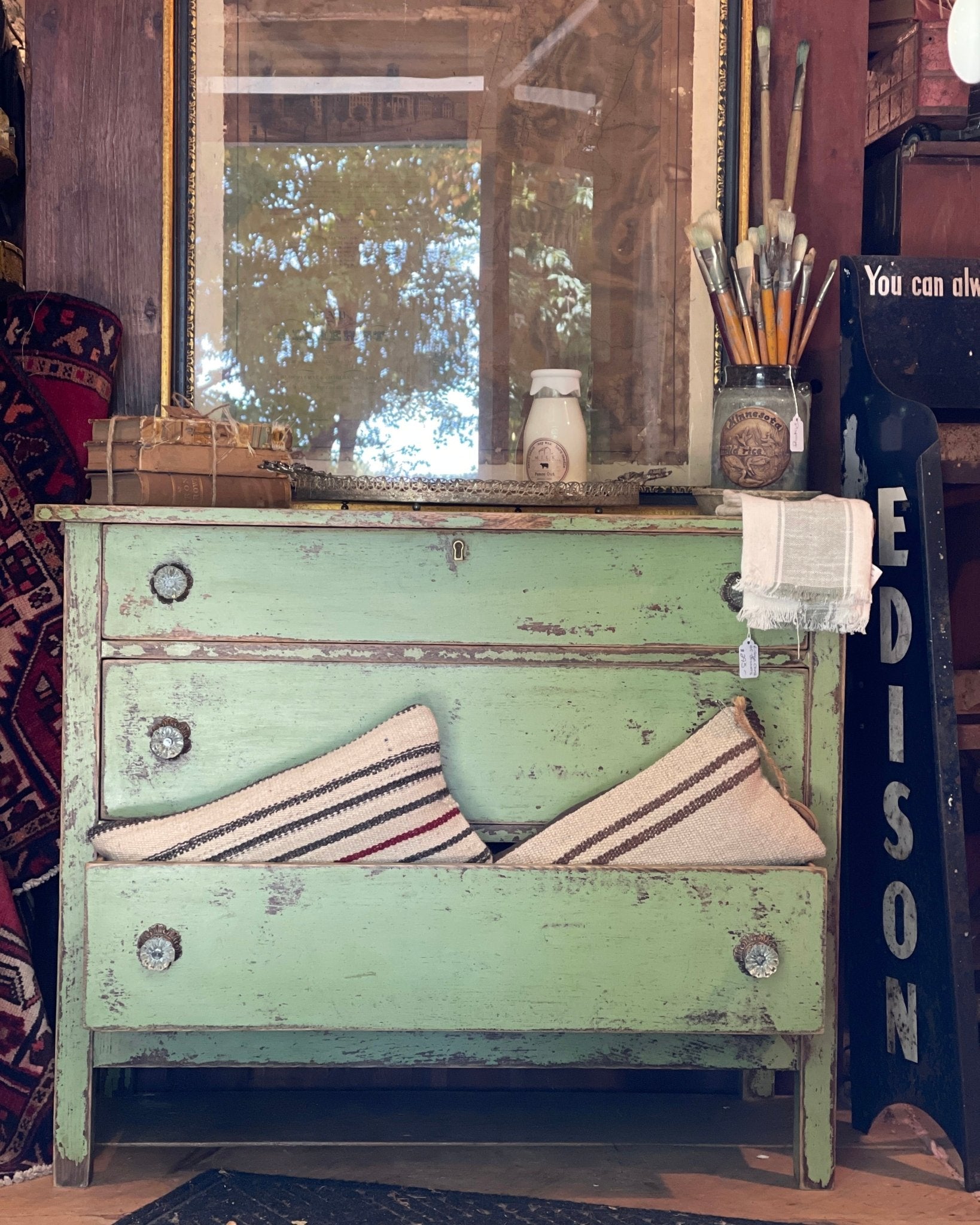 Green Farmhouse Dresser with Glass Knobs – Furniture by The Olde 1840