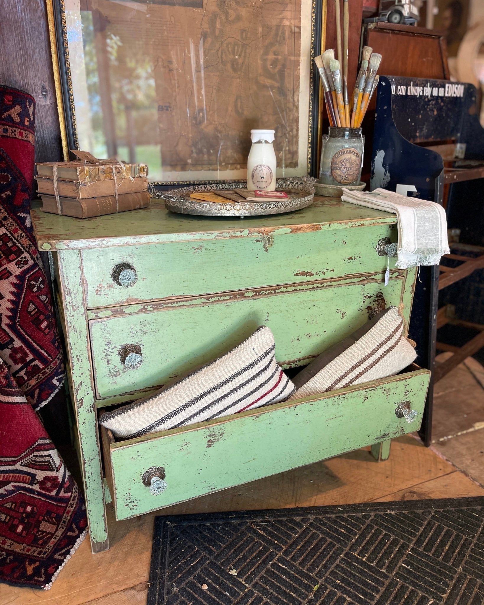 Green Farmhouse Dresser with Glass Knobs – Furniture by The Olde 1840