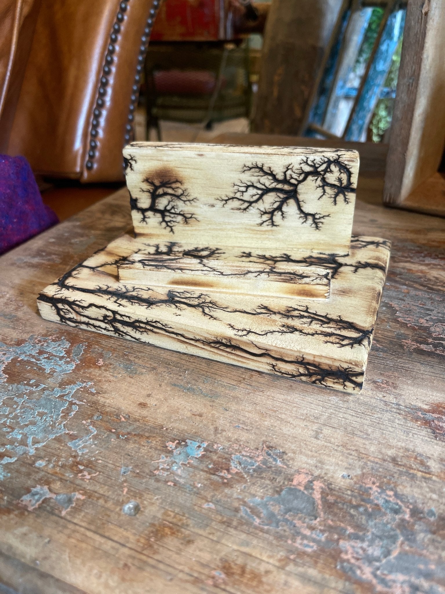 Handcrafted Fractal-Burned Wood Tablet Stand – Tusomi Wood Desk Organizer – Home & Garden by The Olde 1840