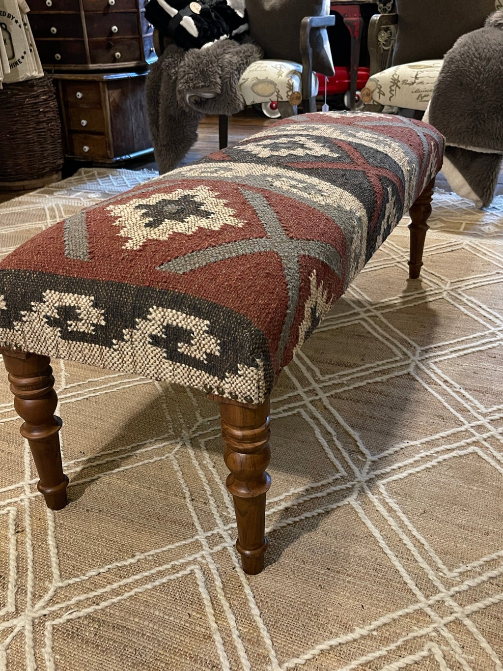 Kilim Upholstered Bench | Southwestern Accent Seating – Benches by The Olde 1840