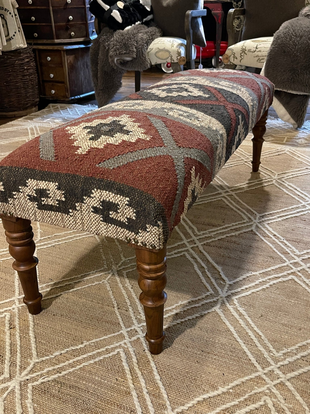 Kilim Upholstered Bench | Southwestern Accent Seating – Benches by The Olde 1840