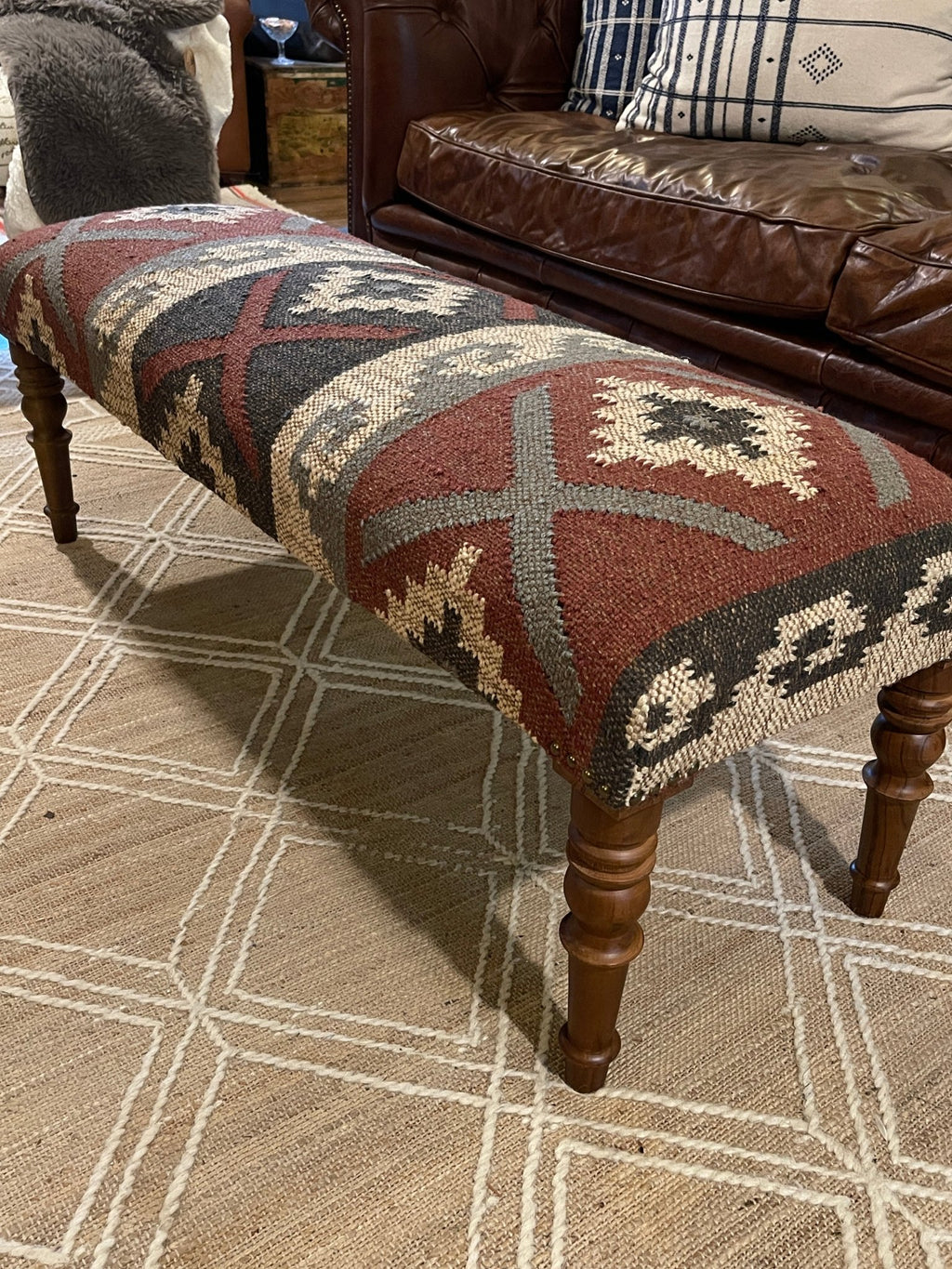 Kilim Upholstered Bench | Southwestern Accent Seating – Benches by The Olde 1840
