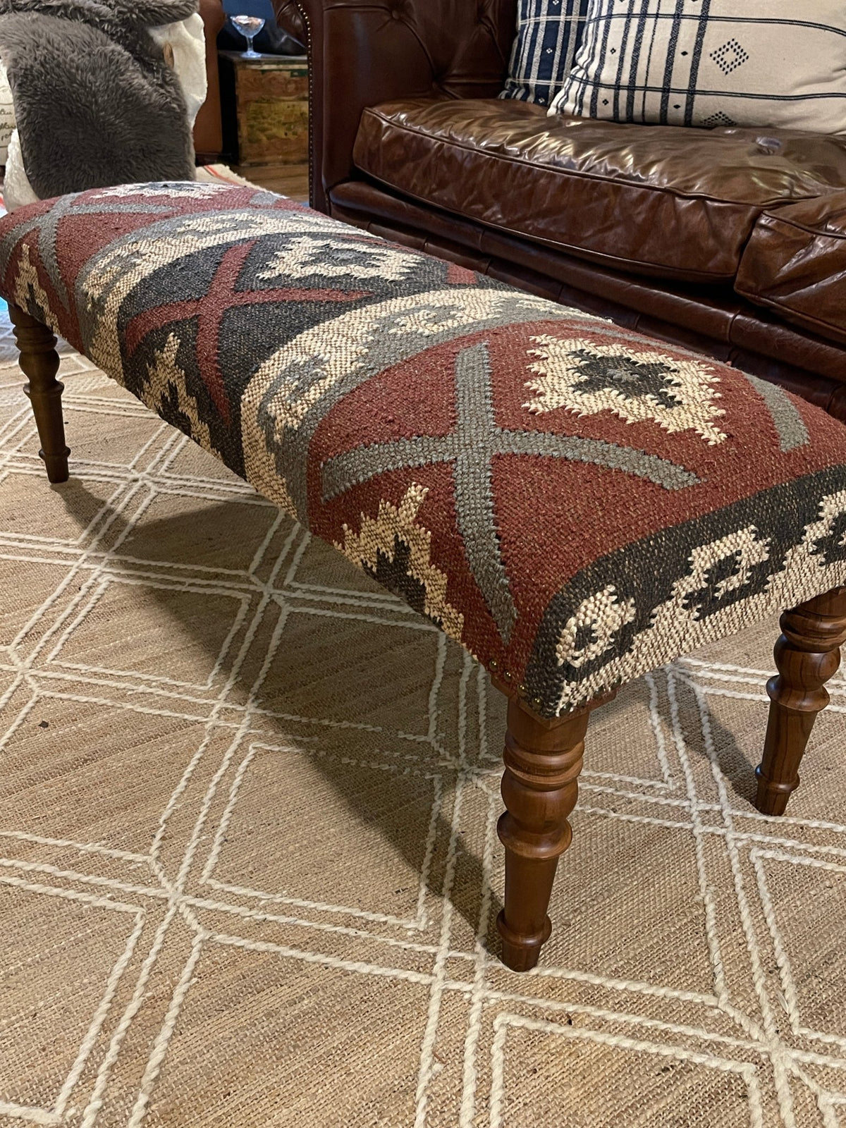 Kilim Upholstered Bench | Southwestern Accent Seating – Benches by The Olde 1840