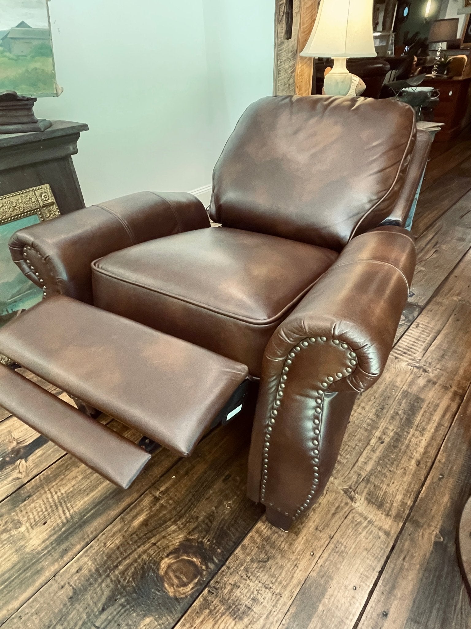 Neville Traditional Brown Faux Leather Recliner Chair with Nailhead Trim – Furniture by The Olde 1840