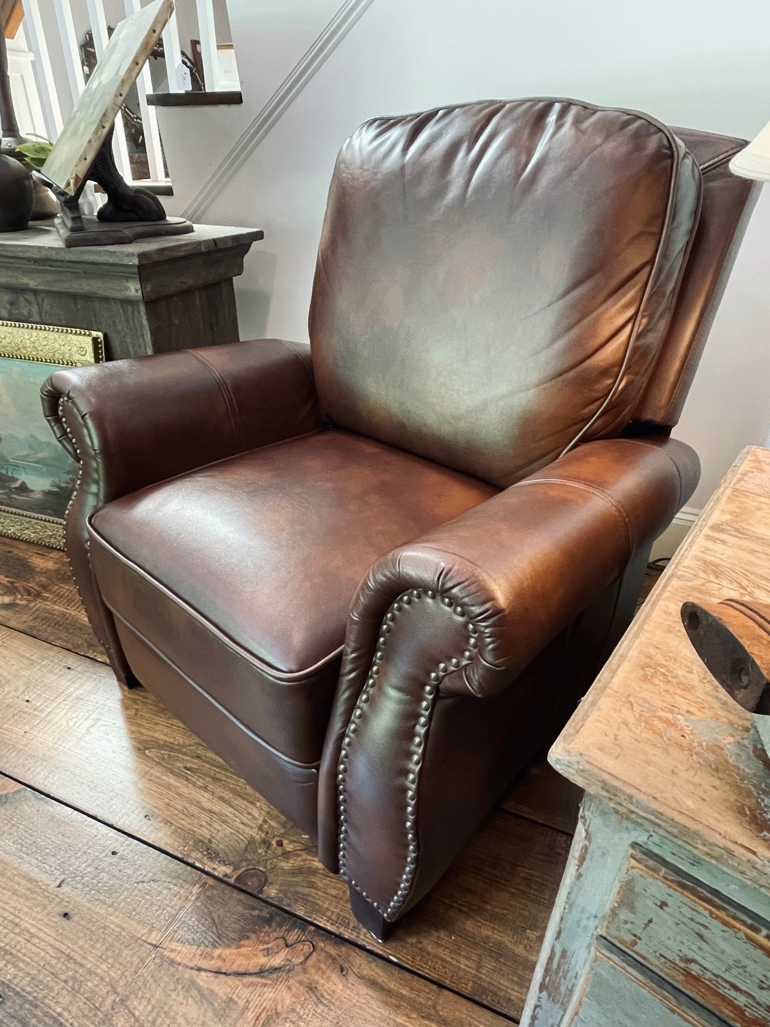 Neville Traditional Brown Faux Leather Recliner Chair with Nailhead Trim – Furniture by The Olde 1840