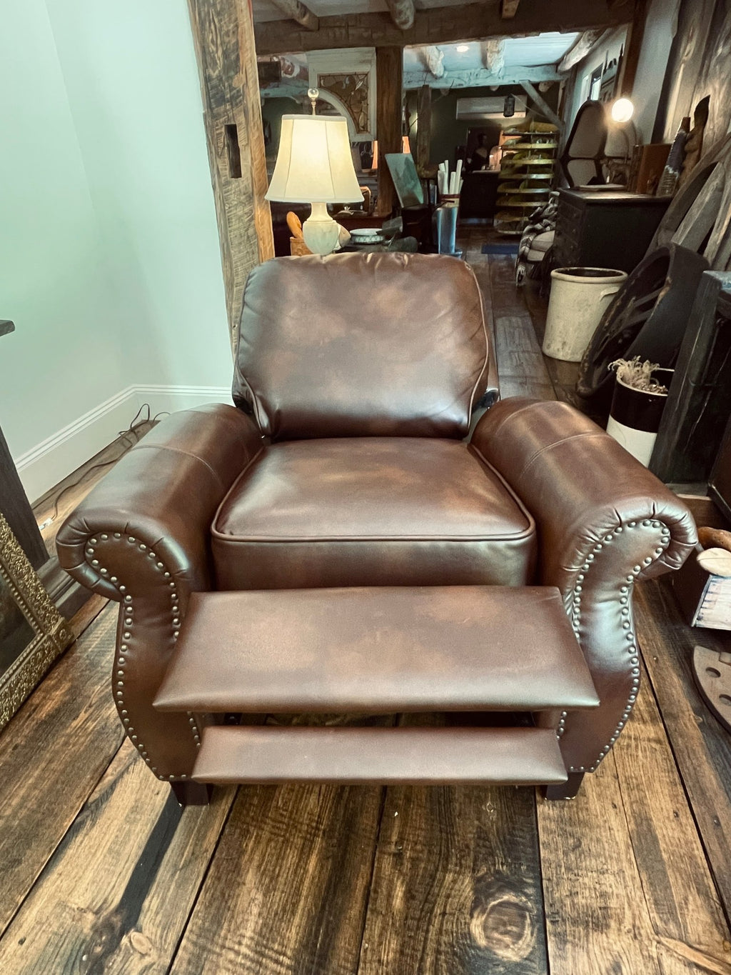 Neville Traditional Brown Faux Leather Recliner Chair with Nailhead Trim – Furniture by The Olde 1840