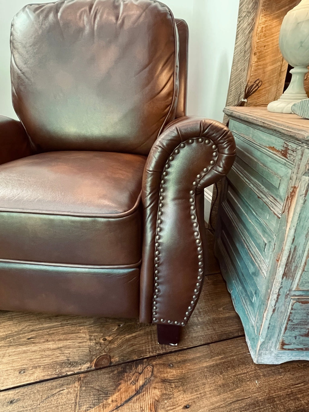Neville Traditional Brown Faux Leather Recliner Chair with Nailhead Trim – Furniture by The Olde 1840