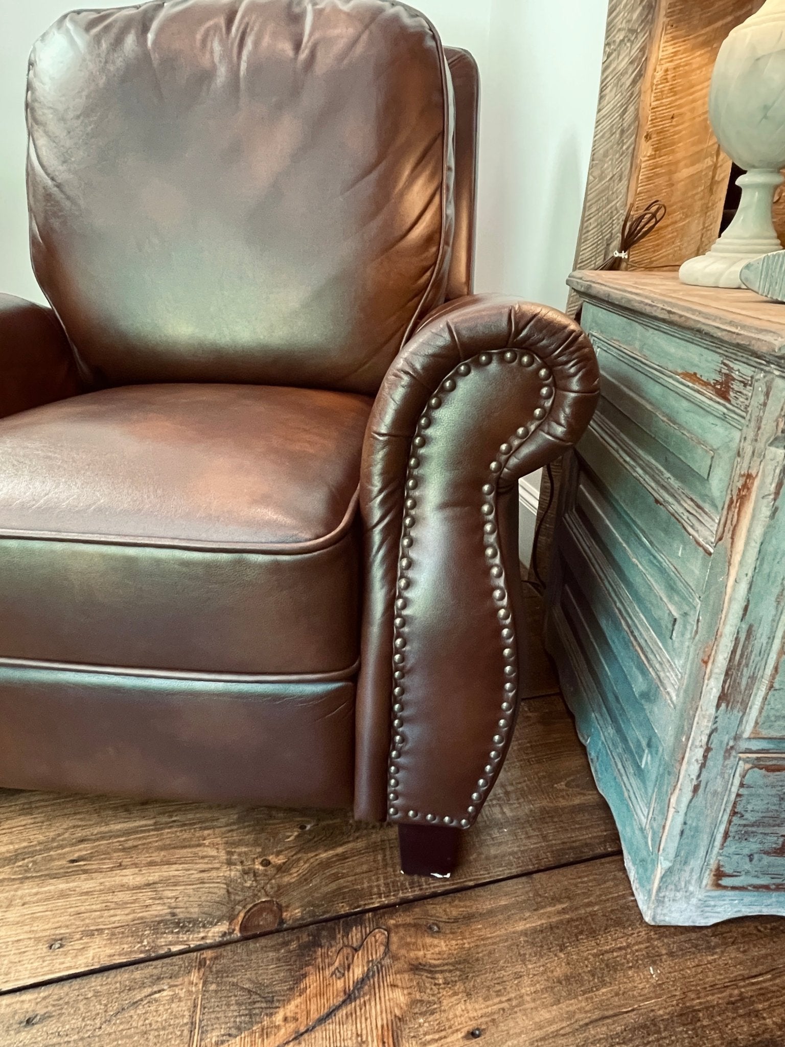 Neville Traditional Brown Faux Leather Recliner Chair with Nailhead Trim – Furniture by The Olde 1840
