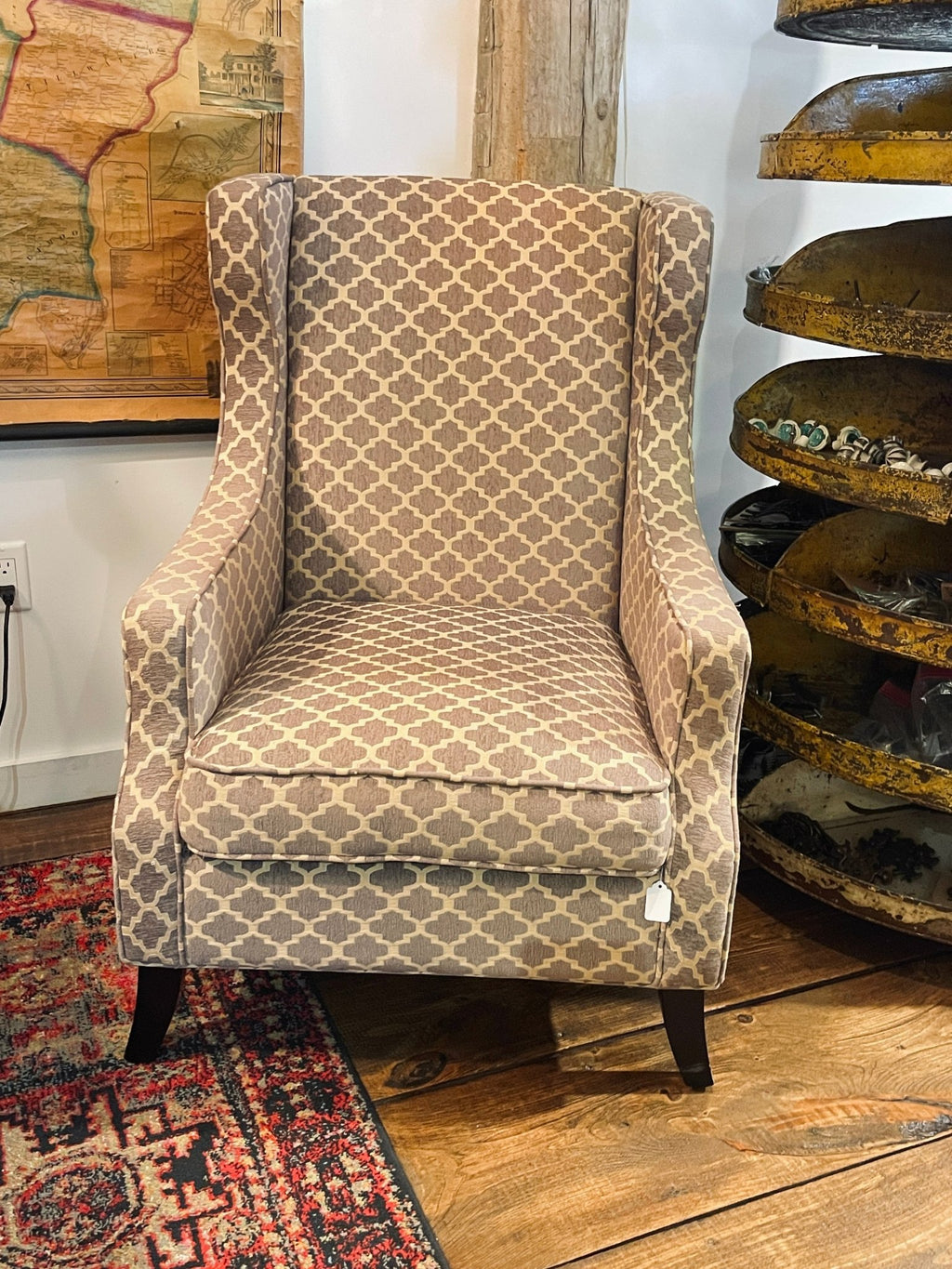 Pier 1 Imports "Alec" Upholstered Wingback Accent Chair – Gray & Cream Trellis – Accent Chairs by The Olde 1840