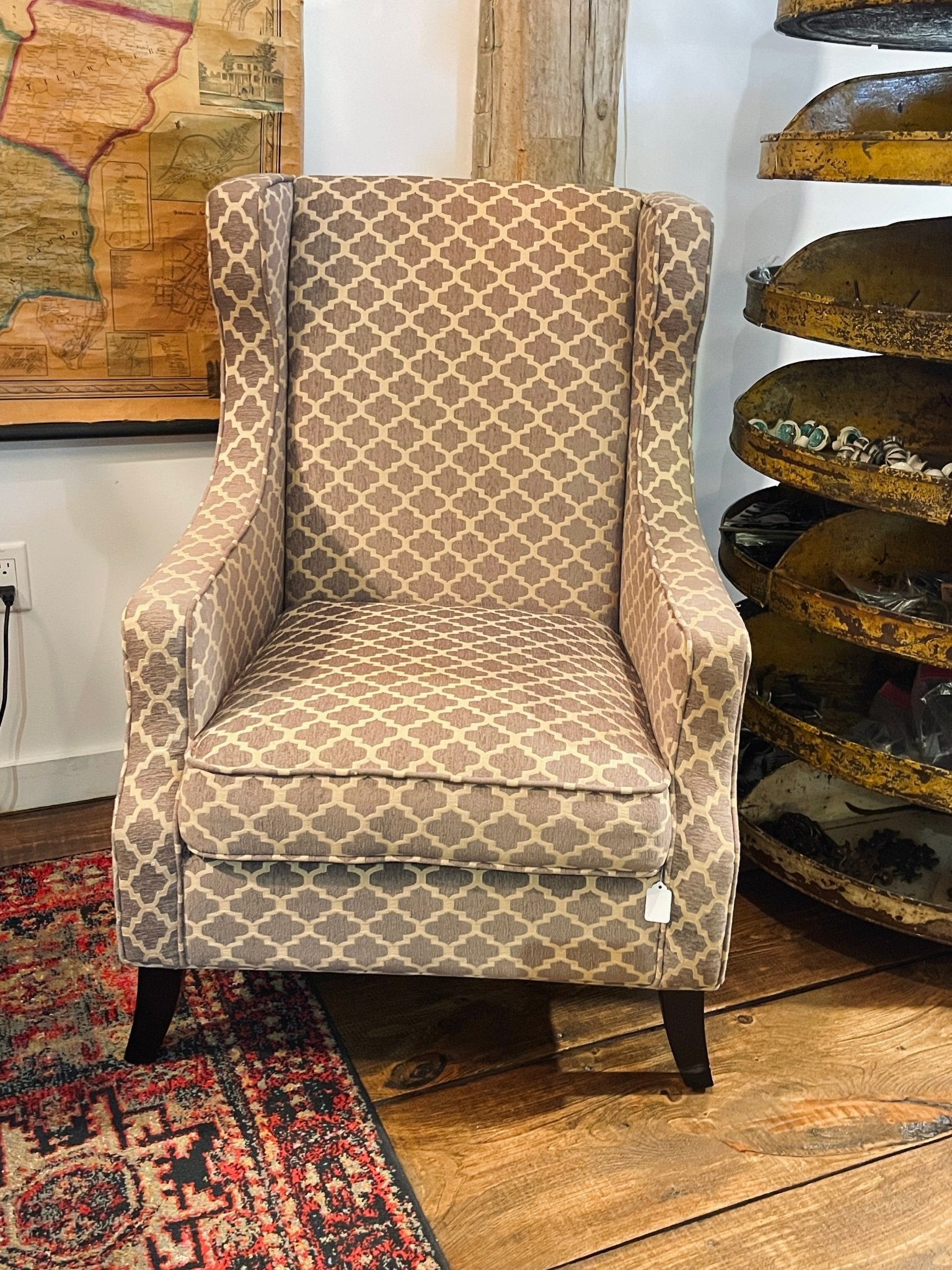 Pier 1 Imports "Alec" Upholstered Wingback Accent Chair – Gray & Cream Trellis – Accent Chairs by The Olde 1840