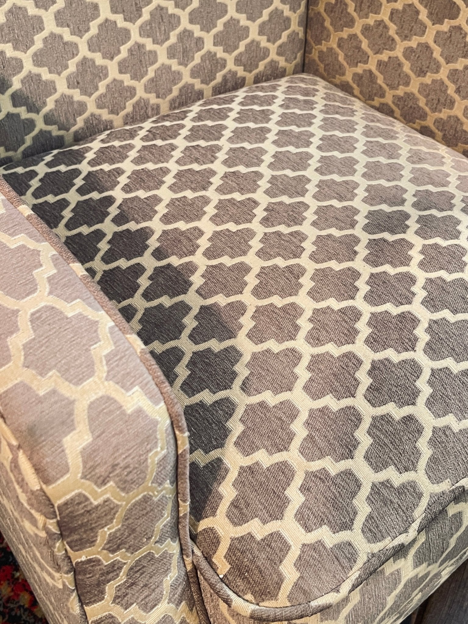 Pier 1 Imports "Alec" Upholstered Wingback Accent Chair – Gray & Cream Trellis – Accent Chairs by The Olde 1840
