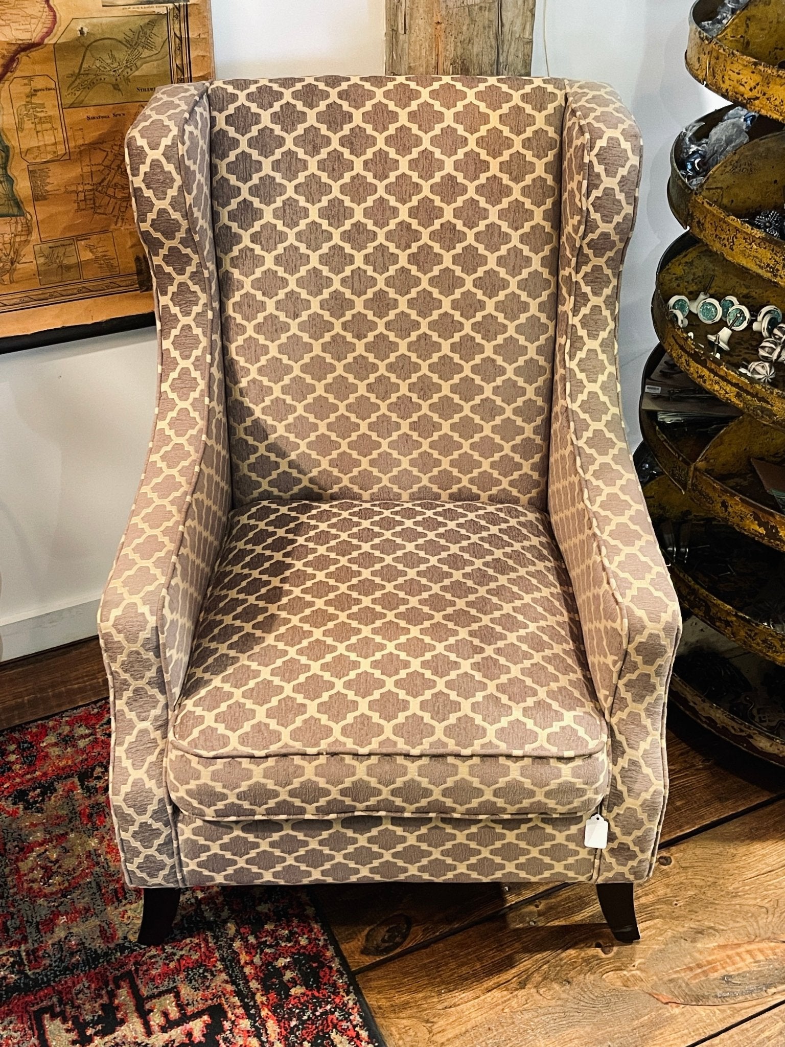 Pier 1 Imports "Alec" Upholstered Wingback Accent Chair – Gray & Cream Trellis – Accent Chairs by The Olde 1840