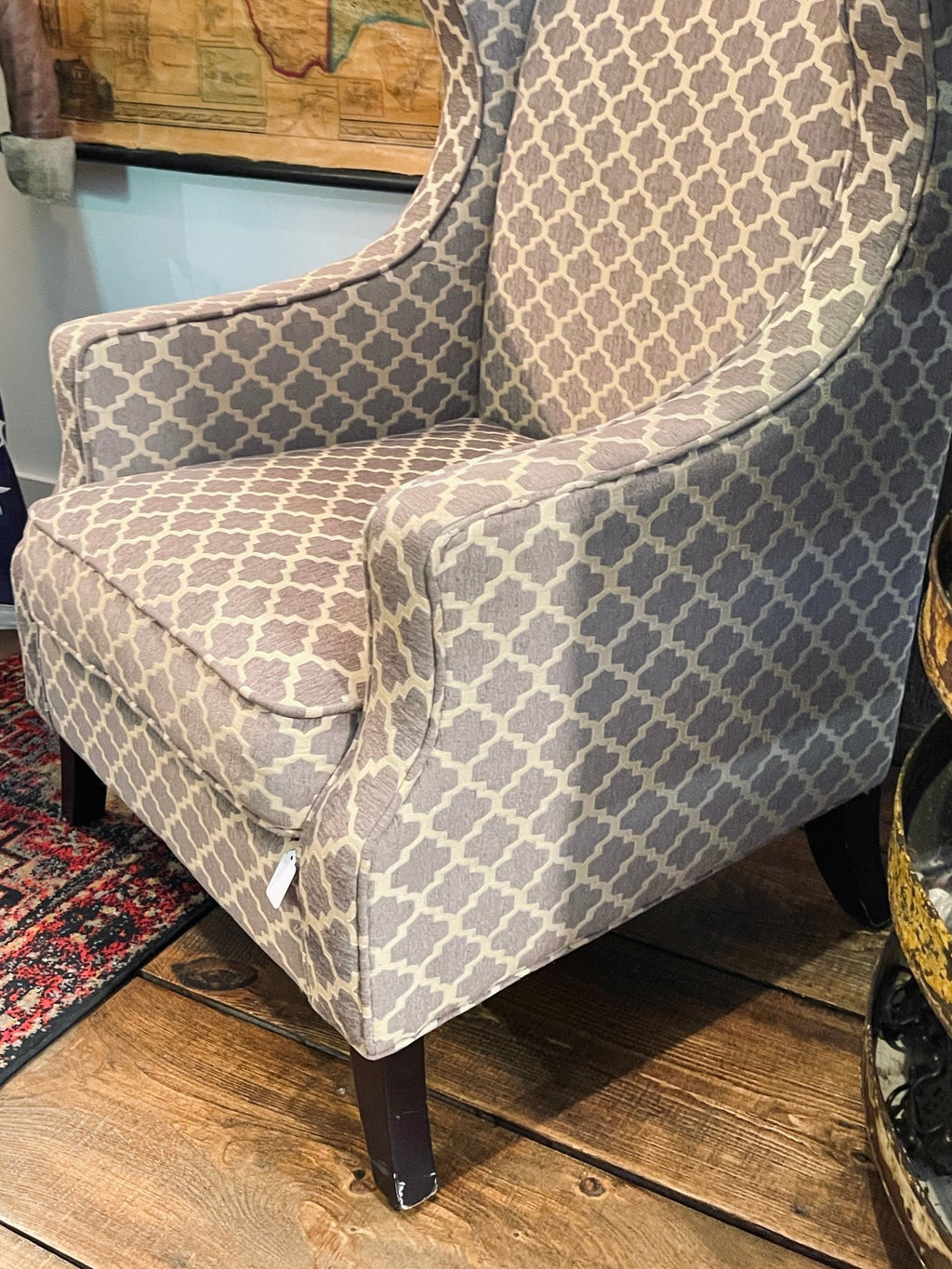 Pier 1 Imports "Alec" Upholstered Wingback Accent Chair – Gray & Cream Trellis – Accent Chairs by The Olde 1840
