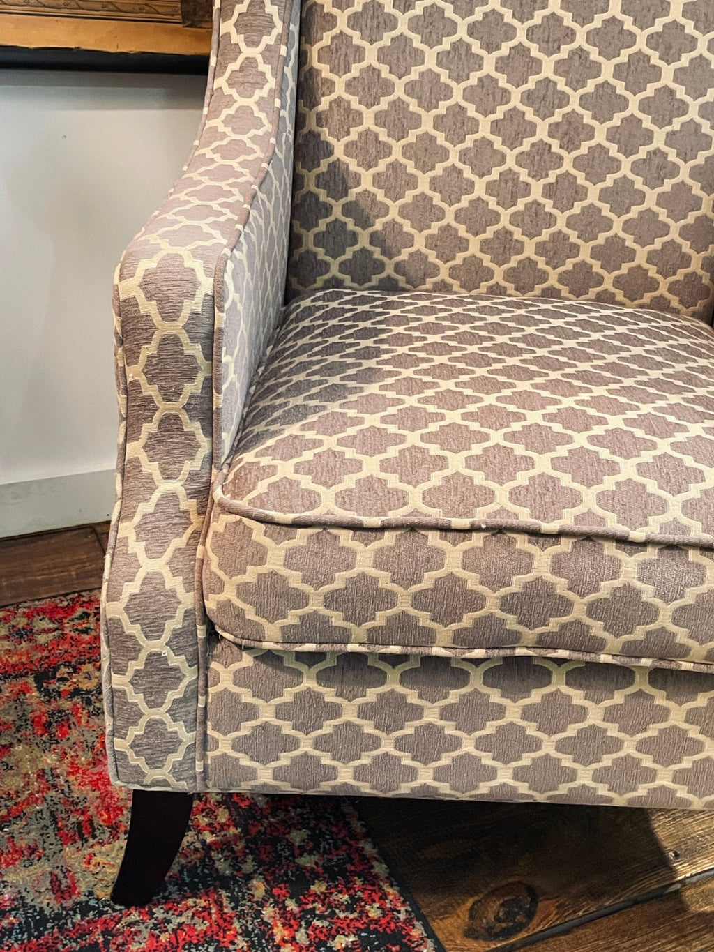 Pier 1 Imports "Alec" Upholstered Wingback Accent Chair – Gray & Cream Trellis – Accent Chairs by The Olde 1840