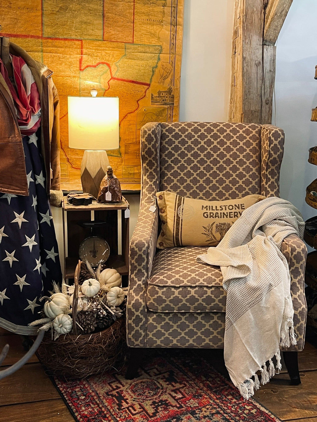 Pier 1 Imports "Alec" Upholstered Wingback Accent Chair – Gray & Cream Trellis – Accent Chairs by The Olde 1840