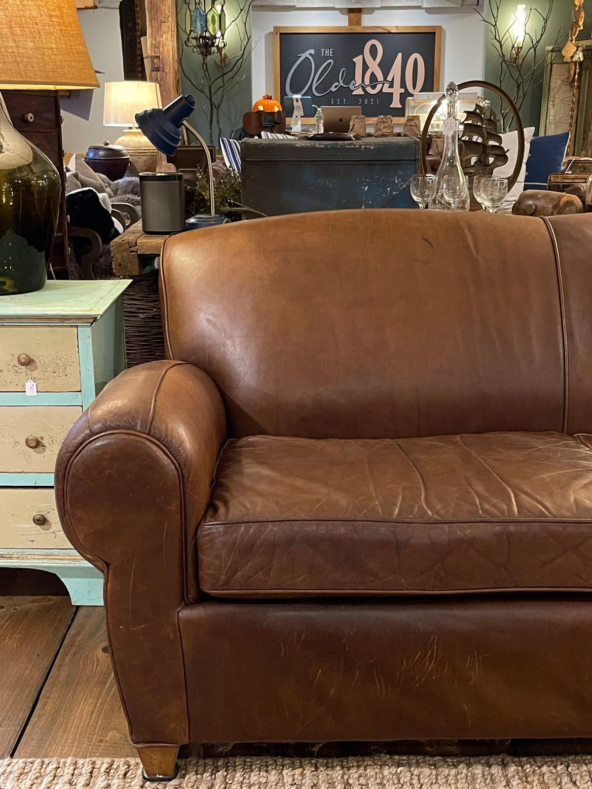 Pottery Barn Manhattan Leather Sofa – Rich Tobacco Brown – Furniture by The Olde 1840